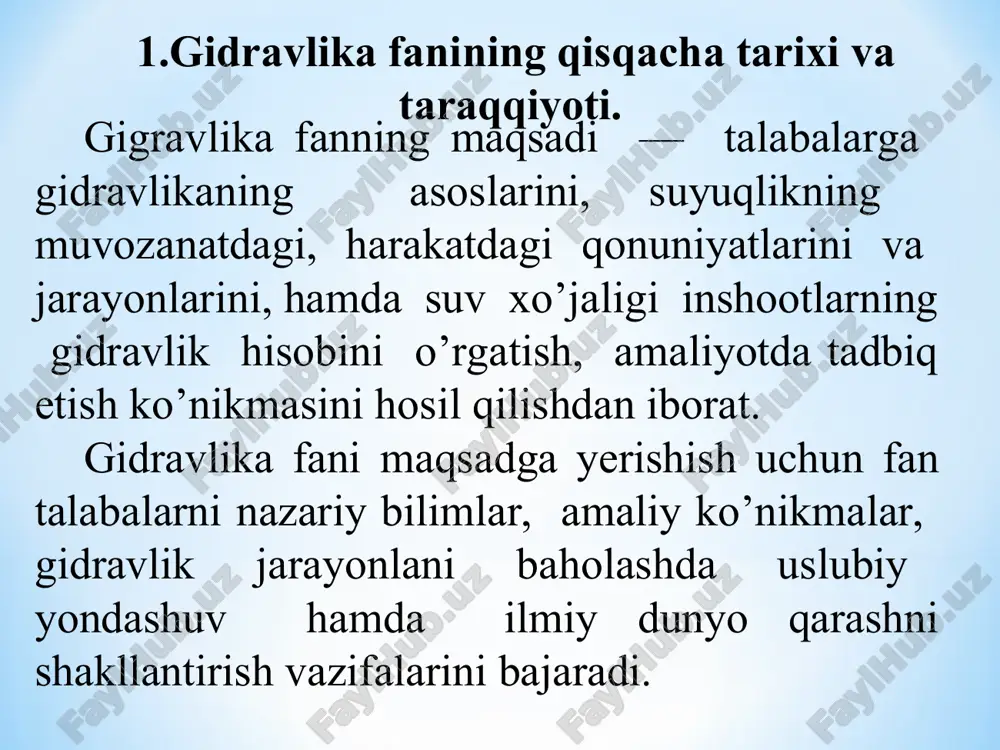 bog‘liqligini isbotladi. e. torrichelli (1608—1647) esa suyuqlikning teshikdan oqib chiqish tezligini hisoblaydigan matematik formulani berdi. fransuz fizigi va matematigi b. paskal tashqi bosimning suyuqlik orqali uzatilishi qonunini kashf qildi. buvuk ingliz fizigi, matematigi, mexanigi va astronomi i. nyuton (1643—1727) suyuqlikning qovushqoqligi tushunchasini fanga kiritdi, suyuqlik tezligi va xossasi bilan ichki ishqalanishdagi kuchlanish orasidagi bog‘lanishni isbotladi va shunga ko‘ra, gidrodinamik o‘xshashliklar nazariyasiga asos soldi. bizgasha yetib kelgan, gidravlikaga aloqador ilmiy ishlardan birinshisi arximed (eramizdan avvalgi 287-212 yillar) ning "suzib yuruvshi jismlar haqida" asaridir. buyuk vatandoshimiz ahmad farg’oniy (832-833 yillarda) nil daryosidagi suv sathini o’lchaydigan inshoot barpo etish uchun misrning qohira shahri yaqinidagi fustat shahriga keladi. ilmiy-texnik va me’moriy jihatdan g’oyat ulug’vor bu qurilma nil daryosining sayyolat ul-rod mavzesida hozirga qadar saqlanib qolgan. shunisi qiziqki, aynan shu uskuna yordamida misr aholisidan olinadigan yillik soliq miqdori belgilanib turilgan. ya’ni, suv sathi ekinlarni sug’orish uchun qulay kelib, bir me’yorda oqsa, soliqning miqdori shunga qarab …