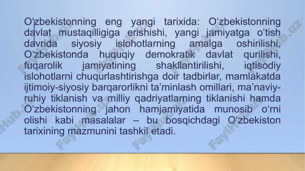 eng mo''tabar, qadimgi qo'lyozmamiz “avesto”ning yaratilganiga 3000 yil bo'lyapti. bu nodir kitob bundan xxx asr muqaddam ikki daryo oralig'ida, mana shu zaminda umrguzaronlik qilgan ajdodlarimizning biz avlodlariga qoldirgan ma'naviy, tarixiy merosidir. “avesto” ayni zamonda bu qadim o'lkada buyuk davlat, buyuk ma'naviyat, buyuk madaniyat bo'lganidan guvohlik beruvchi tarixiy hujjatdirki, uni hech kim inkor etolmaydi. i. a. karimov avesto - o'rta osiyo tarixiga oid eng qadimiy manba avesto - zardushtiylik dinining muqaddas kitobidir; u «qat'iy qonunlar» degan ma'noni anglatadi; bu dinning g'arbdagi nomi - zaroastrizm, arablar otashparastlar deyishgan; bu dinning payg'ambari-zaratushtra, u buyuk munajjim sifatida g'arbda shuxrat qozongan; zardushtiylikda ezgulik, adolat, tenglik, rahm-shafqat va barcha insoniy fazilatlar targ'ib etiladi; unda yaxshi fikr, yaxshi so'z, yaxshi amal, ya'ni kishining o'ylagan fikri, aytgan so'zi, qilgan ishi bir-biriga muvofiq bo'lgandagina u haqiqiy baxt saodatga erishadi – degan g'oya yotadi; zardushtiylik dinining xudolari: axuramazda (ezgulik xudosi), axrimon (yovuzlik xudosi), xumo – semurg'-farna (baxt va tole' xudosi), …