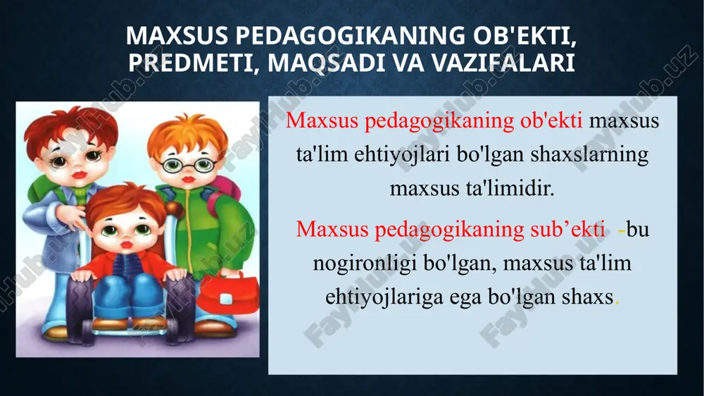 ✓ og'ir nogironlik - davlat ta'lim standartlariga (shu jumladan, maxsus standartlarga) muvofiq ta'lim olish imkonsiz bo'lgan va o'rganish imkoniyatlari asosiy bilim va ko'nikmalarni olish bilan cheklangan darajada ifodalangan jismoniy yoki ruhiy nogironlik; maxsus ta’lim sohasida qo‘llaniladigan atamalar (n.m.nazarova bo‘yicha): ✓ta'lim olish uchun maxsus sharoitlar (maxsus ta'lim shartlari) — ta'lim (tarbiya) shartlari, shu jumladan maxsus ta'lim dasturlari va o'qitish usullari, individual texnik o'quv vositalari va yashash muhiti, shuningdek pedagogik, tibbiy, ijtimoiy va boshqa xizmatlar, ularsiz nogironlar tomonidan ta'lim dasturlarini o'zlashtirish imkonsiz (qiyin); ✓maxsus ta'lim muassasasi-nogironlar uchun ta'lim muassasasi. rivojlanish buzilishlarining tasnifi rivojlanish buzilishlarini tasniflashning eng keng tarqalgan asoslari (n.m.nazarova): ✓ nuqsonlarni kelib chiqish sabablari; ✓ nuqsonlarni turlari; ✓ keyingi hayotga ta'sir qiladigan nuqsonlarning oqibatlari. muayyan tana tizimida buzilishning lokalizatsiyasiga ko'ra tasniflash: ✓ tana (somatik) buzilishlar (xarakat-tayanch tizimi, surunkali kasalliklar); ✓ sensor buzilishi (eshitish, ko'rish); ✓ miya faoliyatining buzilishi (aqliy zaiflik, harakat buzilishi, aqliy va nutq buzilishi). nogironlikni kelib chiqish sabablari ✓ …
