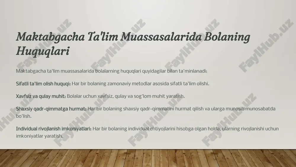 'llab-quvvatlash. 9 xulosa: bolalarning huquqlari - kelajak poydevori bolalarning huquqlarini hurmat qilish muhimligi: yetarli ta'lim va tarbiya - jamiyat rivoji. har bir bolaning potentsialini ochib berish orqali kelajakni qurish mumkin. xulosa qilib aytganda, bolalarning huquqlarini ta'minlash - bu nafaqat axloqiy burch, balki jamiyatning kelajak rivojiga qo'yilgan sarmoyadir. 10 image2.png image1.jpg