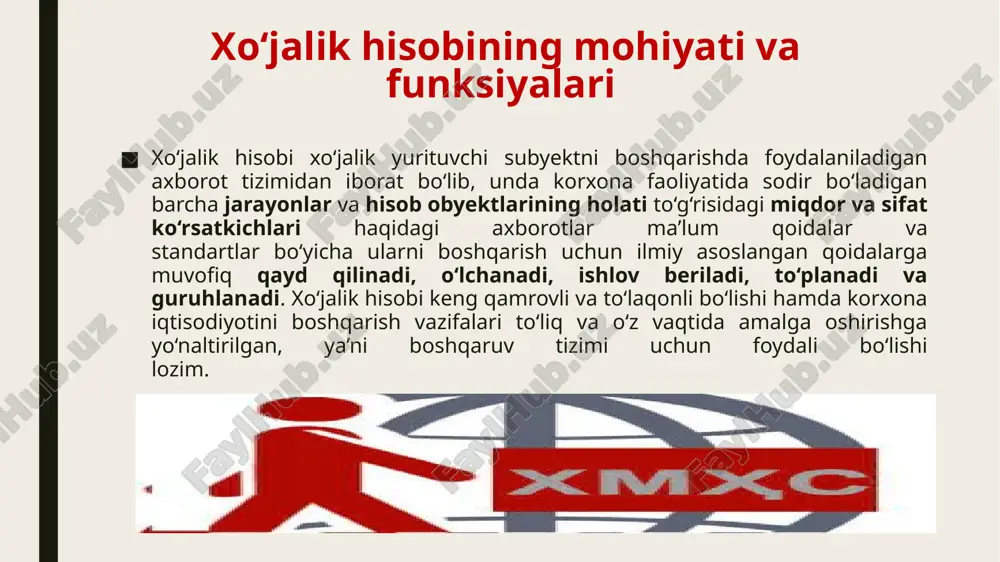 2. hisobda qanday o‘lchov birliklari qo‘llaniladi? a) natura va mehnat b) mehnat va pul c) mehnat, natura, pul d) natura va pul e) tonna, tonna/km, so‘m 3. xo‘jalik hisobining qanday turlari mavjud? a) buxgalterlik va operativ-texnik b) operativ-texnik va statistik c) buxgalterlik va statistik d) operativ-texnik, statistik va buxgalterlik e) statistik hisob 4. korxonada boshqaruv funksiyasi qaysi hisob tizimi bo‘yicha olingan axborotlar yordamida amalga oshiriladi? a) faqat buxgalteriya hisobi b) statistik hisob c) operativ hisob d) buxgalteriya, statistik va operativ hisob e) operativ va statistik hisob 5. buxgalteriya hisobining tarkibiy tuzilishida to‘g‘ri berilgan javobni toping. a) moliyaviy hisob, boshqaruv hisobi, statistik hisob b) moliyaviy hisob, boshqaruv hisobi, soliq hisobi. c) operativ hisob, moliyaviy hisob, statistik hisob d) moliyaviy hisob, boshqaruv hisobi, operativ hisob e) ichki xo‘jalik hisobi, tabel hisobi, texnik hisob 6. buxgalteriya hisobi axborotlari boshqaruvning qaysi funksiyasini bajaradi? a) rejalashtirish, nazorat b) nazorat, baholash c) baholash, rejalashtirish d) rejalashtirish, …
