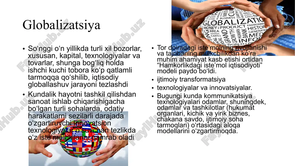 elektron tijorat aktni rivojlantirish raqamli texnologiyalar vositalarni joriy etish raqamlashtirish darajasi raqamli qurilmalar blokkcheyn big data neyrotexnologiyalar 3d printer buyumlar interneti sun’iy intellekt bulutli texnologiyalar raqamli iqtisodiyotning zamonaviy texnologiyalari raqamli iqtisodiyot rivojlanish tendensiyalari 1. raqamli texnologiyalarni intensiv ravishda tarqatish va ulardan foydalanish shu darajaga yetadiki bu allaqachon zamonaviy inson faoliyatining hoh u iqtisodiy, hoh siyosiy, hoh madaniy bo‘lsin kundalik qismi hisoblanadi. 2. jamiyatni raqamlashtirish axborotlarni qog‘ozdan raqamli makonga o‘tkazish, fuqarolar bilan o‘zaro munosabatlar va boshqalarning elektron platformalariga o‘tishga olib keldi. 3. akt mamlakatning iqtisodiy rivojlanish asosi hisoblanadi. raqamli iqtisodiyot - bu internet, kompyuterlar, mobil qurilmalar va boshqa raqamli texnologiyalar orqali yaratilgan mahsulotlar va xizmatlar iqtisodiyotidir. bu texnologiyalar axborotni yaratish, tarqatish, ulashish va saqlash uchun asosiy vositalar bo'lib, korporatsiyalar, tashkilotlar, jamiyat va shaxslar o'rtasida ta'sir kuchini oshiradi. raqamli iqtisodiyot - bu ma'lumotlar asosida qurilgan iqtisodiyot, u yerda ma'lumotlar - bu barcha iqtisodiy faoliyatning asosiy manbasi va uning samarali ishlatilishi muhim ahamiyatga …