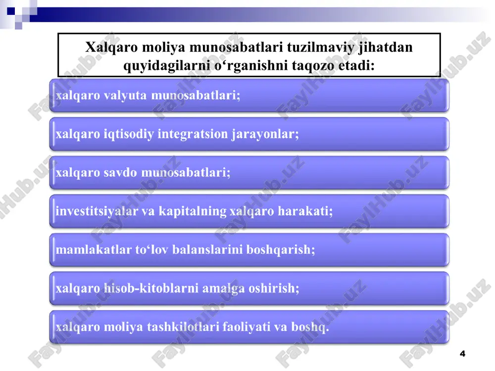 i shakllana boshladi. jahon moliya tizimidagi oʻzgarishlar va xalqaro moliya munosabatlarining rivojlanishi koʻp jihatdan trasmilliy korporatsiyalar faoliyati bilan bog’liq bo’lib, ular tomonidan butun dunyo boʻylab ishlab chiqarish tarmoqlarini vujudga keltirish hamda barcha resurslardan samarali foydalanishga qaratilgan global strategiya amalga oshirildi. * * jahon iqtisodiyotida roʻy bergan boshqa muhim oʻzgarishlar ham xalqaro moliya munosabatlari rivojlanishiga ijobiy va salbiy jihatdan sezilarli darajada ta’sir koʻrsatdi. ushbu oʻzgarishlar jumlasiga: jahon va hududiy valyuta tizimlaridagi oʻzgarishlar; valyuta tizimi tamoyillarining oʻzgarishi; qarzdorlik inqirozlari; mamlakatlar tomonidan iqtisodiy integratsion birlashmalarning tuzilishi; xalqaro va mintaqaviy moliya tashkilotlarining vujudga kelishi; transmilliy korporatsiya va banklar faoliyatining kengayishi; jahonda roʻy bergan moliyaviy-iqtisodiy inqirozlarni kiritish mumkin. * xalqaro moliyaning tuzilmasi jahon valyuta tizimi xalqaro moliya xalqaro moliya bozorlari xalqaro moliyaviy menejment xalqaro soliqqa tortish xalqaro hisob-kitoblar jahon moliyaviy muhiti * xalqaro moliyaning barcha tashkiliy elementlari jahon moliyaviy muhitida birlashadi. jahon moliyaviy muhiti – investorlar va korporatsiyalar moliyasi, banklar boshqaruvchilari qabul qiluvchi qarorlarga ta’sir …
