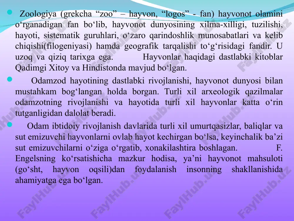 lar va boshqalar). * * * * umurtqasiz hayvonlar inson uchun xizmat qiladi: 1) odamlar oziq-ovqat sifatida turli-tuman qisqichbaqasimonlar, mollyuskalar ninatanlilar ovlanadi. asalaridan asal olinadi. 2) bezaklar tayyorlanadi: marvaridlar, sadafldorar boshqalar shular jumlasidandir. 3) kiyim-kechak sifatida foydalaniladi. bundan 5000 yil oldin pilla ishlab chiqarish (xitoyda) yo’lga qo’yilgan. 4) dori-darmon sifatida umurtqasiz hayvonlar zaharidan foydalanilmoqda: chayon, arilar, qoraqurt zahari. 5) lak-bo’yoqlar olinadi: ba’zi mollyuskalar va hashoratlardan qimmatbaho buyumlar olinadi. * * * * 6) xalq meditsinasida foydalanish: meditsina zulugi, arilarga chaqirtirib immunitet hosil qilish va boshqalar. 7) qishloq xo’jaligi zararkunandalari va parazit organizimlarga qarshi kurashish, ularning tabiiy kushandalaridan foydalanish. masalan, trixogramma, oltinko’z, yaydoqchilar va boshqalar (bular ataylab ko’paytiriladi). 8) umurtqasiz hayvonlar ilmiy tekshirish va o’quv mashg’ulotlari uchun muhim ob’ekt sifatida xizmat qiladi (drozofilla pashshasi va boshqalar). 9) yangi texnikaviy asbob-uskunalar yaratishda muhim o’rin tutadi. bionika fanining yutuqlaridan foydalanish. * * trixogramma tibbiyot zulugi * * qadimgi gretsiya aristotel hayvonlarni 500 dan …