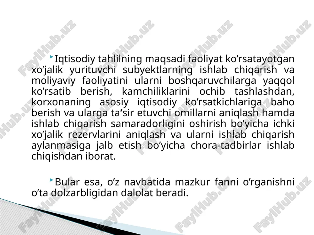 ’rdam beradi mulk va mablag’lardan foydalanishning muqobillik shartlarini belgilaydi va boshqaruvchi ular qatoridan o’zi uchun maqbul bo’lgan optimal variantlarni tanlaydi boshqaruv qarorlarini ilmiy asoslanishi ta’minlanadi istiqbolli boshqarish uchun zamin tayyorlaydi korxonalar barqaror rivojlanishi uchun yetarli darajada mehnat, moddiy va moliyaviy resurslarga ega bo’lishi kerak. ularning minimal resurslarga ega bo’lmasligi esa moliyaviy faoliyatining yomonlashuviga olib keladi. shu boisdan, korxonalarda mahsulot ishlab chiqarish hajmiga ta‘sir qiluvchi omillarning tahlili orqali ularni iqtisodiy salohiyatiga baho berish, ichki xo’jalik rezervlaridan samarali foydalangan holda ishlab chiqarishni tashkil etish va asosli qarorlarni qabul qilish bugungi kunning muhim vazifalaridan hisoblanadi. rezerv turlari iqtisodiy tahlilning rezervlarni aniqlashdagi ahamiyati regional rezervlar ichki xo’jalik rezervlari tarmoq rezervlar iqtisodiyot rezervlari e’tiboringiz uchun raxmat! image1.jpeg image2.jpeg image3.jpeg image4.png image5.png image6.png image7.jpeg image8.png /docprops/thumbnail.jpeg