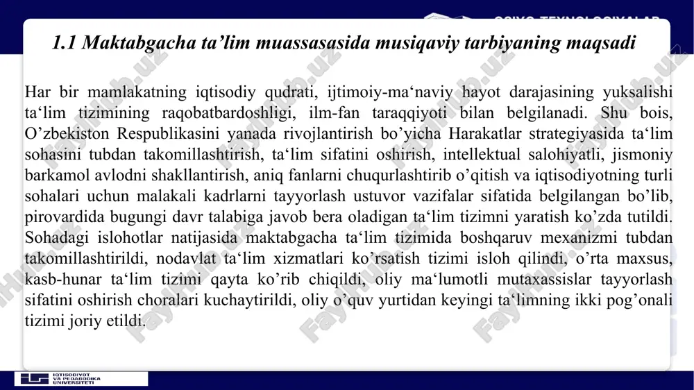 », degan edi. bobomiz shayx sa‘diy aytgan edi: «musiqa odam ruhining yo’ldoshidir». musiqa insonga tez ta‘sir etuvchi emotsional hissiyotni faol rivojlantiruvchi vositadir. inson musiqa bilan ona allasi orqali tanishib, umrbod musiqadan zavq topadi va madad oladi. 1.3 musiqaviy qobiliyatini rivojlantirish. 11 interfaol ta'lim musiqa inson ruhiyatining ajralmas qismi bo’lib hisoblanadi. musiqadan turli ozuqa olish uchun inson yuksak madaniyatli, sof qalb egasi, go’zallikni his eta oladigan, o’z kasbiga, ona vataniga mehr qo’ygan bo’lishi kerak. shu bois o’quvchilarda inson ma‘naviyatining tarkibiy qismi bo’lgan musiqa madaniyatini tarbiyalash, musiqa tarbiyasining bosh maqsadi bo’lib turadi. bu oliy maqsadni amalga oshirish uchun musiqa o’qituvchisining oldiga qo’yilgan vazifalari quyidagilardir: bolalarda musiqa san‘atiga bo’lgan qiziqish va muhabbatni oshirish. 2. musiqiy faoliyatlar jarayoni badiiy ijodkorlik va his-tuygularni rivojlantirish. 3. asarlarning badiiy-g’oyaviy mazmuni vositasida o’quvchilarni axloqiy-estetik tarbiyalash. 4. musiqa darslarida kasb-hunar va mehnatga nisbatan o’quvchilarda ishtiyoq uyg’otish kabi ishlarni amalga oshirish kerak. 1.4 bolalarni ashula aytish. musiqa tinglash va musiqaviy-ritmik …
