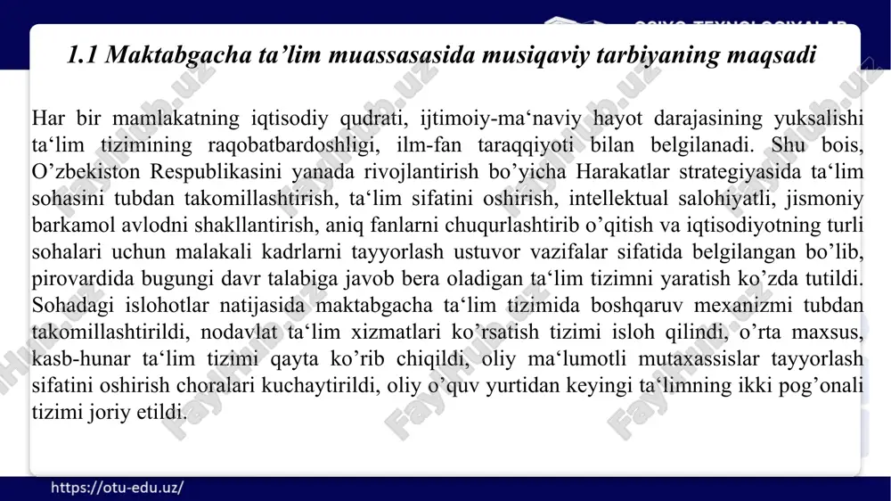 », degan edi. bobomiz shayx sa‘diy aytgan edi: «musiqa odam ruhining yo’ldoshidir». musiqa insonga tez ta‘sir etuvchi emotsional hissiyotni faol rivojlantiruvchi vositadir. inson musiqa bilan ona allasi orqali tanishib, umrbod musiqadan zavq topadi va madad oladi. 1.3 musiqaviy qobiliyatini rivojlantirish. 11 interfaol ta'lim musiqa inson ruhiyatining ajralmas qismi bo’lib hisoblanadi. musiqadan turli ozuqa olish uchun inson yuksak madaniyatli, sof qalb egasi, go’zallikni his eta oladigan, o’z kasbiga, ona vataniga mehr qo’ygan bo’lishi kerak. shu bois o’quvchilarda inson ma‘naviyatining tarkibiy qismi bo’lgan musiqa madaniyatini tarbiyalash, musiqa tarbiyasining bosh maqsadi bo’lib turadi. bu oliy maqsadni amalga oshirish uchun musiqa o’qituvchisining oldiga qo’yilgan vazifalari quyidagilardir: bolalarda musiqa san‘atiga bo’lgan qiziqish va muhabbatni oshirish. 2. musiqiy faoliyatlar jarayoni badiiy ijodkorlik va his-tuygularni rivojlantirish. 3. asarlarning badiiy-g’oyaviy mazmuni vositasida o’quvchilarni axloqiy-estetik tarbiyalash. 4. musiqa darslarida kasb-hunar va mehnatga nisbatan o’quvchilarda ishtiyoq uyg’otish kabi ishlarni amalga oshirish kerak. 1.4 bolalarni ashula aytish. musiqa tinglash va musiqaviy-ritmik …