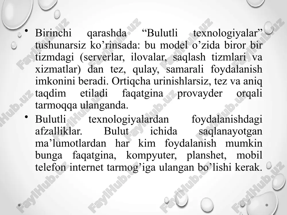 bugungi kunda mavjud bo’lib, u bir davlat “bulut”da kompaniyasi hujjatlar uchun eng qimmatli saqlash uchun tavsiya qilinmaydi va lumotlarning 100% maxfiyligini kafolatlaydi .xavfsizlik. grafik foydalanish (windows kabi) standart yadrosi foydalanish, “cloud” o'z ichida etarlicha mustahkam tizimi, lekin katta ma’lumotlar omboriga yana minus uchun tajovuzkor kirish bilan. tizimning viruslari va zaifliklaridan foydalanishga imkon beradi. uskunaning kengligi. o'zingizning bulutingizni qurish uchun siz asosan tashkil etilgan va kichik kompaniyalar uchun foydali bo'lmagan muhim moddiy resurslarni ajratib olishingiz kerak. resursni yanada monetizatsiya qilish. bulutli hisoblash imkoniyatlari: -internetga ulangan har qanday kompyuterdan shaxsiy ma’lumotlarga kirish; -turli xil qurilmalardan (kompyuterlar, planshetlar, telefonlar va hokazo) ma’lumotlar bilan ishlashingiz mumkin. siz istagan operatsion tizimda ishlashni xohlamasligingiz muhim emas - veb-xizmatlari har qanday os brauzerida ishlaydi. siz va boshqalar bilan bir xil ma’lumot bir vaqtning o'zida turli xil qurilmalardan ko’rish va tahrir qilishingiz mumkin. ko’p pulli dastur bepul (yoki arzon) veb-ilovalarga aylandi. agar qurilmangiz (kompyuter, planshet, telefon) bilan bog’liq …