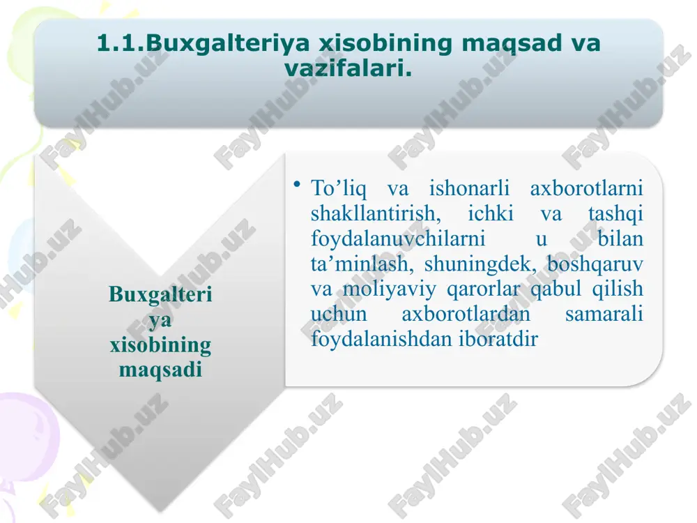 adi, aktiv tomoniga ta'sir etmaydi va balans o'z tengligini saqlab qoladi. bunda xo'jalik mablag'larining kelar manbalarining mazmuni o'zgaradi. a= + p ; - p xo'jalik jarayonlari tufayli balans ning har ikkala tomoni bir xil summaga ko'payadi va balans o'z tengligini saqlab qoladi. bunda xo'jalik mablag'lari va ularning kelar manbalarining balans qiymati bir xil summaga ko'payadi. +a = +p 2. xo'jalik jarayonlari tufayli balansning har ikkala tomoni bir xil summaga kamayadi va balans o'z tengligini saqlab qoladi. bu erda xo'jalik mablag'lari va ularning kelar manbalarining balans qiymati bir xil summaga kamayadi. - a = - p xo'jalik jarayonlari natijasida balansdagi ikki tomonlama o'zgarishlar quyidagi ikki turga ajratish mumkin: ishlab chiqarish korxonalarida aktivlar hisobini yuritishda quyidagicha qiymatlardan foydalaniladi. boshlang'ich qiymat joriy qiymat asosiy vositalarni xarid qilish, keltirish, tashish, o'rnatish va umuman foydalanish holatiga keltirish bilan bog'liq bo'lgan xarajatlar yig'indisidan iborat. ma'lum bir muddatga amaldagi bozor baholariga moslashtirilgan asosiy vosita qiymati yoki manfaatdor …