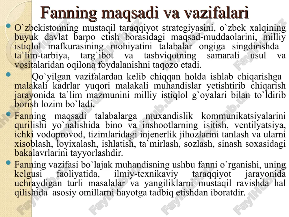 qlik tashuvchining xavfsiz harakati va uskunalarning ishonchli hamda mustahkam ishlashi kabi talablar. suv deyarli siqilmaydigan katta zichlikka va issiqlik sig'imiga ega bo'lgan suyuq muxitdir. suvning zichligi, hajmi va qovushqoqligi haroratga bog'liq bo'lgan holda o'zgaradi, qaynash harorati esa bosimga bog'liqdir, u bosim va harorat o'zgarganda gazlarni yutish va o'zidan ajratib chiqarish qobiliyatiga ega. bug' engil xarakatlanuvchan va kichik zichlikka ega bo'lgan muhitdir. bug'ning harorati va zichligi bosimga bog'liq. havo engil harakatlanuvchan va nisbatan kichik qovushoqlik, zichlik va issiqlik sig'imiga ega bo'lgan muhitdir uning zichligi va hajmi harorat o'zgarish bilan o'zgaradi. sanitariya-gigiena talablaridan biri-bu xonalarda bir tekisda haroratni ushlab turishdir. bu ko'rsatgich bo'yicha havo boshqa issiqlik tashuvchilariga nisbatan afzalikka ega. isitish tizimlarida issiq suvni qo'llanilishi ham xonalardagi haroratni bir tekisda ushlab turishga imkon beradi, bunda isitish jixozlariga uzatiladigan suvning harorati rostlanadi. bug'dan foydalanganda xonalarning harorati bir tekisda bo'lmaydi, bu esa gigiena talablariga ziddir. haroratni notekis bo'lishi isitish mavsumi davomida o'zgaruvchan issiqlik yo'qolishlariga …