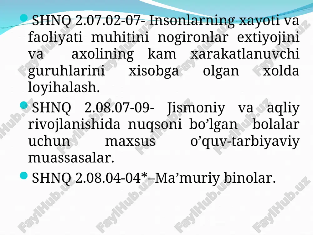 sosiy xonalari bosh funktsional vazifasiga asosan loyixalanadi. bunday xonalarga o’quv binolarning sinf va auditoriyalari, teatr, muzey, magazinlarning zallari hamda ma’muriy binolarning ish xonalari kiradi. yordamchi xonalar to’g’ridan-to’g’ri asosiy xonalar bilan bog’liq holda joylashib, binoning asosiy vazifasi jarayonlarini bajarishga xissasini qo’shadi. (tsirk va teatrlarning fayelari va boshqalar). jamoatchilik binolarining tambur, vestibyul, garderob va ba’zi xolatlarda zina va sanitar xonalardan iborat kirish tugunlari me’yorga asosan odamlar oqimi bir xil bo’lgan binolar uchun bitta odamga 0,15-0,20 m2, odamlar oqimi bir xil bo’lmagan binolarda 0,25-0,35 m2 loyixalanadi. karidorlarning zinalar orasidagi (binoga kirish tuguni) uzunligi 40 metrdan oshmasligi shart. 2.2.jamoat binolariga qo’yiladigan talablar . jamoat binolariga quyiladigan asosiy talab shundaki- sanitar-gigienik talabdir jamoat binolariga turli xil sanitariya-gigiena talablari qo'yiladi (ayniqsa sog'liqni saqlash, ta'lim va umumiy ovqatlanish muassasalari uchun yuqori). sanitariya-gigiena talablari rejalashtirish qarorlariga (xonalarni guruhlash), xonalarning tabiiy yoritilishi va insolyatsiyasining darajasiga, xonaning akustikasi ya`ni ovozning yutilishi bo'lgan talablarga, shuningdek binolar uchun muhandislik uskunalarini tanlashga (isitish, …