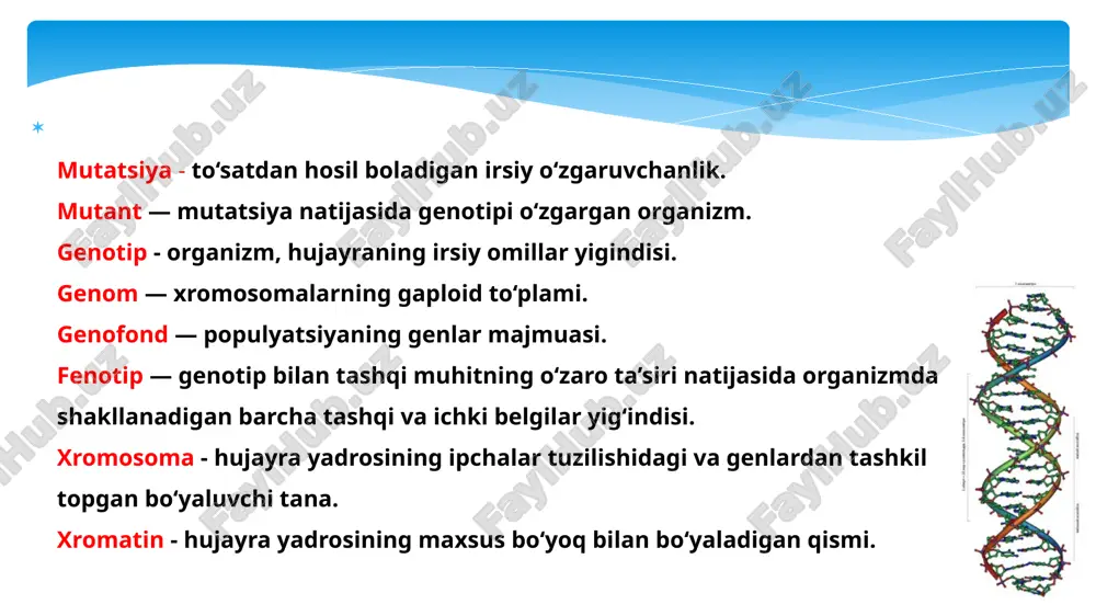 65 yilda nashr etilgan “0‘simlik duragaylari ustida tajribalar” nomli asarida bayon etilgan edi. shuning uchun g.mendel o‘rinli ravishda genetikaning asoschisi bolib hisoblanadi. genetikaning fan sifatida rivojlanishi uch bosqichdan iborat. genetika rivojlanishining birinchi bosqichida irsiyat va o‘zgaruvchanlik haqidagi fanga 1906-yilda angliyalik olim v.betson genetika deb nom berdi. genetikaning keyingi taraqqiyotida gollandiyalik olim gugo de friz taklif etgan mutatsiya nazariyasi (1901-1903 y), daniyalik genetik olim v.iogannsen tomonidan loviya o‘simligida belgilarning irsiylanishi bo‘yicha olib borilgan tadqiqotlar muhim ahamiyatga ega boldi. 1909-yilda v.iogannsen tomonidan genetika faniga gen, genotip, fenotip kabi tushunchalar kiritildi. genetika fani rivojlanishining birinchi o‘n yilligida t.boveri, u.setton va e.vilson tomonidan irsiyatning xromosoma nazariyasi asoslab berildi. hujayra bolinishi (mitoz) va jinsiy hujayralaming hosil bolinishi (meyoz) jarayonidagi xromosomalar tarqalishi bilan irsiy belgi-xossalar tarqalishi o‘rtasida malum bogliqlik borligi aniqlandi. genetika fani rivojlanishining ikkinchi bosqichi irsiyatning moddiy asoslarini o ‘rganish bilan bog‘liqdir. bu vaqtda irsiyat hodisalarini o‘rganishda sitologik metod qollanila boshlandi, shuning natijasida sitogenetik yo‘nalish …