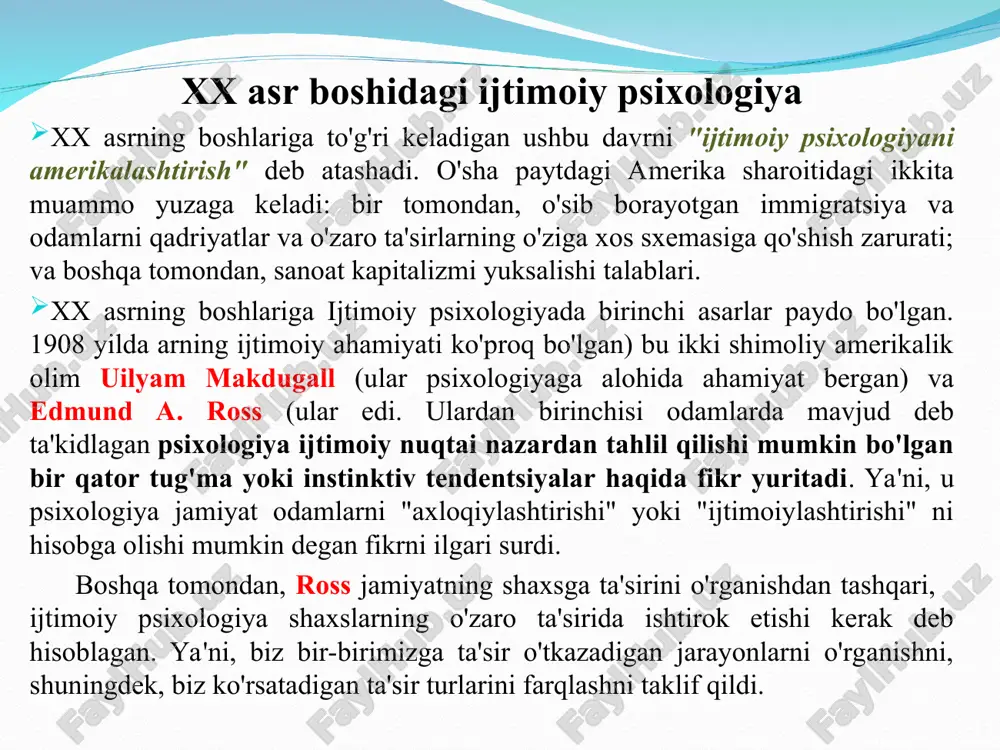 izimida mavjud bo‘ladiki, unda u to‘g‘ri harakat qilish uchun o‘zgalarni tushunishga harakat qilishi, o‘zgalar rolini qabul qilishga tayyor bo‘lishi lozim. lekin o‘zgalar rolini to‘g‘ri qabul qilish uchun unda “umumlashtirilgan o‘zga" obrazi bo‘lishi lozimki, bu obraz shaxslararo muloqot jarayonida, har bir shaxs uchun ibratli bo‘lgan kishilar guruhi bilan muloqotda bo‘lish jarayonida shakllanadn. ya’ni shaxs faolligi tan olinadi, bu esa fan tarixida o‘ta progressiv hol edi. kognitivizm k.levin nazariyasi asosida paydo bo‘lgan psixologik yo‘nalish bo‘lib, undagi o‘rganish obekti: munosabatlar tizimidagi kishilar, ularning bilish jarayonlari, ong tizimiga taalluqli bo‘lgan kognitiv holatlar. kognitivizm doirasidagi nazariyalar shaxs o‘ziga o‘xshash shaxslar bilan muloqotga kirishar ekan, doimo munosabatlarda ruhiy mutanosiblik tenglik bo‘lishiga, shu tufayli ziddiyatlardan chiqishga harakat qiladi. f.xayderning balanslashtirilgan tizimlar nazariyasi t.nyukomning kommunikativ aktlar nazariyasi festingerning kognitiv dissonanslar nazariyasi asosiy g’oya gumanistik yo’nalish inson tomonidan ruhiy uyg`unlikka erishish, yani hayot mazmunini anglash, ma’naviy qadriyat, estetik his-tuyg`ularni sifatiy o`zgarishiga asos bo`ladi. men-konsepsiyasini adekvat shakllantirish o`z-o`zini anglash va …