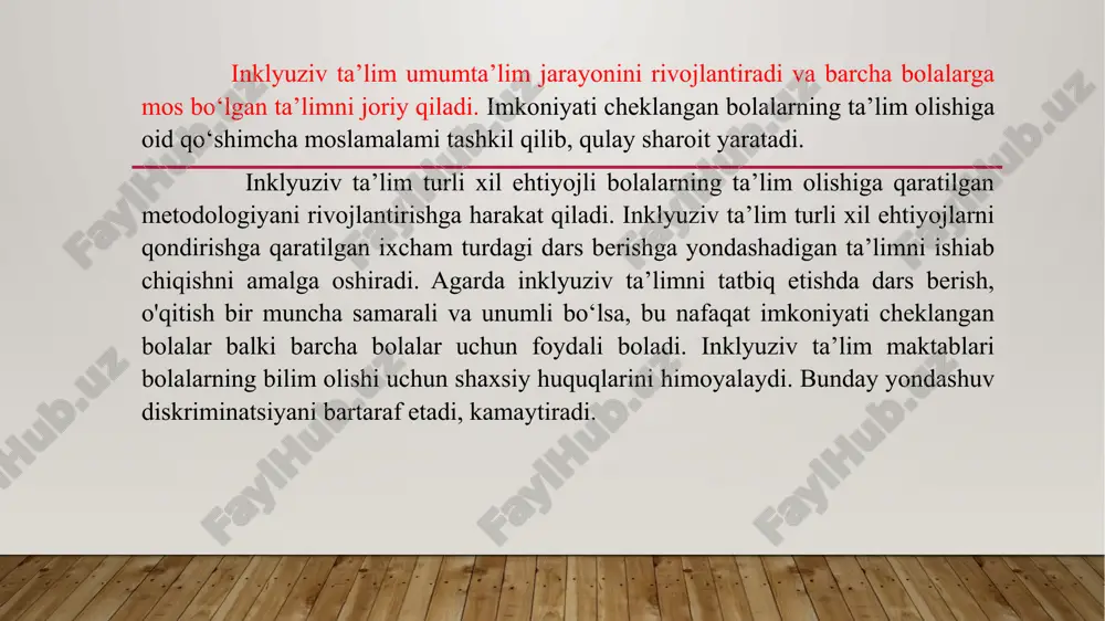 ruvchi o‘qituvchi va oddiy sinf o‘qituvchisining hamjihatlikdagi harakatlari orqali amalga oshirilishi mumkin. ba’zi sinflarda bolani ma’lum bir vaqtga sinfdan ajratib olish kerak bo‘lishi mumkin. hamma vaqt resurs o‘qituvchi sinf o‘qituvchisi bilan birgalikda faoliyat ko‘rsatishi va maxsus ta’lim sohasida mutaxassislikka ega bo‘lishi talab qilinadi. maktablararo qatnab yuruvchi resurs pedagog nogiron bolalarni ular uchun zarur bo‘lgan qo‘llanmalar, jihozlar bilan ta’minlaydi, homiylar topadi, imkoniyati cheklangan bolalar, sog‘lom bolalar hamda sinf o‘qituvchisi o‘rtasidagi mustahkam aloqani o‘rnatadi.ota-onalar, bolalar, oddiy sinf o‘qituvchilari va maktab ma’muriyatiga maslahatlar beradi. resurs o‘qituvchi faoliyatidan ko‘zlangan asosiy maqsad: umumta’lim muassasalarida ta’lim olayotgan maxsus ta’limga muhtoj o‘quvchilar va ulaming o‘qituvchilariga yordam ko‘rsatishdan iborat. nazorat savollari: 1.inklyuziv ta’limda deganda nimani tushinasiz? 2. inklyuziv ta’limning asosiy mohiyati nimadan iborat? 3. inklyuziv ta’lim qanday vazifalarni hal etishga yordamlashada? 4. inklyuziv ta’lim madaniyati tushunchasini izohlang. 5. inklyuziv ta’limning vazifalarini aytib bering. 6. inklyuziv ta’iimda resurs pedagogning rolini tushuntirib bering. image2.png image3.png image4.png image5.png image6.png image7.png image8.png …