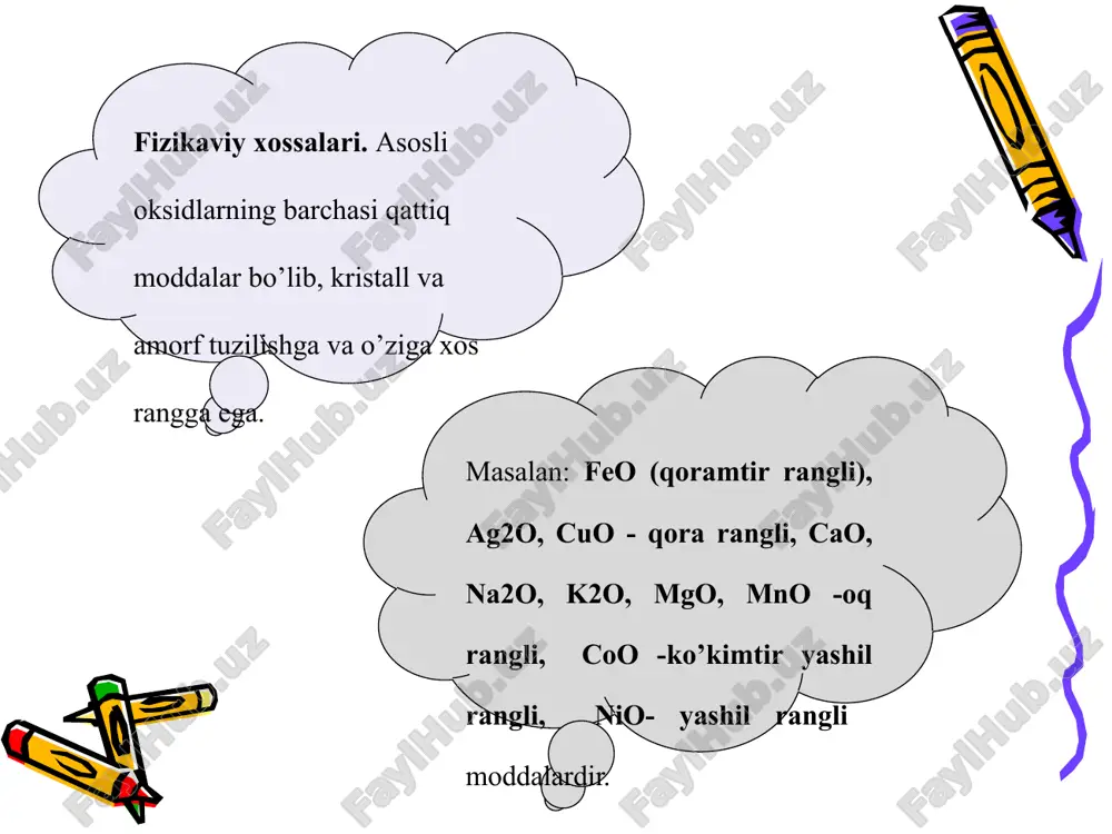 eritma holida bo‘lib, boshqalari qattiq holda bo’ladi. ishqorlar qattiq holda, oq rangli, juda gigroskopik moddalardir. asoslar turli rangli bo‘lib, amorf va kristall tuzilishli, suvda kam eruvchan moddalar. ishqorlarning suvli eritmalari kuchli va asoslarning eritmalari kam elektr o’tkazish xossalariga ega. kimyoviy xossalari. 1.kislotali oksidlar bilan ta’sirlashib tuz va suv hosil qiladi: 2al(oh)3 + 3so2 → al2(so3)3 + 3h2o 2. ba’zi gidroksidlar qizdirilganda suv, kislorod va erkin holda metall ajralib chiqadi: 4agoh → 4ag + o2 + 2h2o 3. gidroksidlar qizdirilganda metall oksidi va suv hosil qiladi: ca(oh)2 → cao + h2o 4. ammoniy gidroksid qizdirilganda parchalanib, gazsimon moddalarga parchalanadi: nh4oh → nh3↑ + h2o gidroksidlar amfoter gidroksidlar. amfoter gidroksidlar deb, ham asoslarga, ham kislotalarga xos bo‘lgan xossalarga ega bo‘lgan gidroksidlarga aytiladi. amfoter gidroksidlarga be(oh)2, zn(oh)2, al(oh)3, cr(oh)3 va h.zolar kiradi. 1.)amfoter gidroksidlar ishqorlar va kislotali bilan reaktsiyaga kirishadi: zn(oh)2 + 2koh → k2[zn(oh)4] zn(oh)2 + h2so4 → znso4 + 2h2o be(no3)2 …