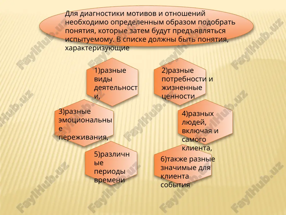 vetami. potom analiziruyutsya te gruppi, v kotorie popadayut ponyatiya «moe uvlechenie» i «interesnoe zanyatie». zatem te, kotorie svyazani s ponyatiem «moe nastoyashee», «moe budushee» i «moe proshloe». dalee viyasnyaetsya, s kakimi ponyatiyami assotsiiruyutsya ponyatiya «kakoy ya est na samom dele», i «kakim ya xochu bit». posle etogo opredelyaetsya, kakie ponyatiya oboznachayutsya samimi nepriyatnimi tsvetami. kakie ponyatiya svyazani s otritsatelnimi perejivaniyami ili sobitiyami: «neudachey», «ugrozoy», «razdrajeniem», «pechalyu», «nepriyatnostyami» i t. p. nakonets, mojno viyavit otnoshenie klienta k konkretnim zanyatiyam, lyudyam ili drugim jiznennim obstoyatelstvam: k rabote, uchebe, detyam, druzyam, nachalstvu i t. d. osnovnie diagnosticheskie kategorii i pokazateli metodiki tsvetovix metafor image3.png image4.emf image5.png image6.emf image7.png ponyatie № tsveta uspex neudacha obshenie texnika bolezn radost moya ucheba svoboda znaniya moy otets lyudi kakim (kakoy) ya xochu bit lyubov moya rabota konflikti ugroza priroda moya mat trud vlast obrazovanie moy muj (moya jena) meditsina moe nastoyashee konkurentsiya reklama iskusstvo moy drug (podruga) …