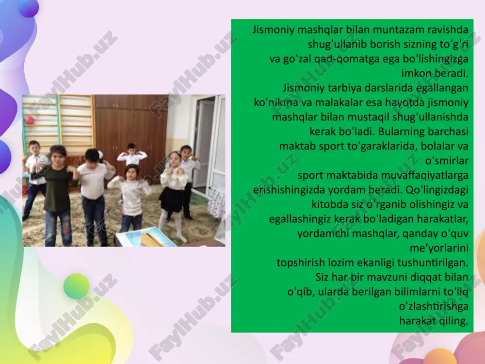 'qlama qilish maqsadga muvofiqdir tayyorlov qismining manbayi saflanish va qayta saflanishdan iborat: — yumshoq yurish, oddiy, tez, baland va prujinasimonqadamlar, tovondan oyoq uchiga o'tish, yugurish va sakrashnihar xil usullari, sakrab borish; — raqs mashqlari, to ‘siq!ardan oshib o'tish, umumiy rivojlantirish mashqlari, anjom va uskunalarda, gimnastik devorcha, gimnastik o'rindiq, harakatda va joyida turib, juft-jull bo'lib, harakatli o'yinlar orqali o'tkaziladi.darsning tayyorlov qismida uchta izchil bo'limni ajratishmumkin: umumiy, maxsus va yakka tayyorgarlik. umumiy tayyorlov, asosan, sog'lomlashtirish va funksional tayyorgarlikni hal etadi:— maxsus tayyorlov esa o'quvchilarni ma’lum tartibga va o'ziga xos xususiyatga ega bo'lgan mashqlarni o'zlashtirib olishga tayyorlaydi;— alohida, yakka tayyorgarlik uchun qo'yilgan vazifalarni yaxshi hal etishga yordam beruvchi, o'qituvchi tomonidan tavsiya etilgan va mustaqil tanlab olingan mashqlar uchun vaqt ajratiladi.umumiy rivojlantirish mashqlarini bajarish uchun xilmaxil saflash shakllari qo'llaniladi: kengaytirilgan, yozilgan, tarqalgan va tor saflarda, ikki, uch doirada, to'rtburchak, uchburchakda, yarim doira va boshqalar.agar zalda sport snaryadlari o'rnatilgan bo'lsa, o'quvchilaro'zlariga mustaqil joy tanlaydilar. tanlangan …