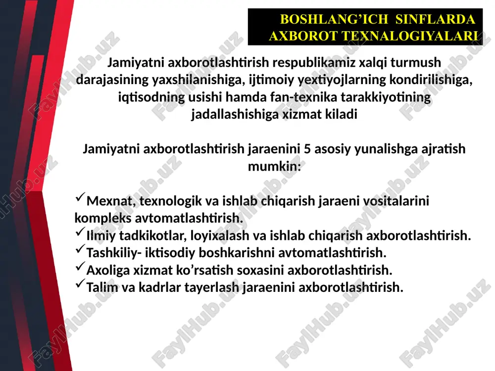 chun turli didaktik materiallar to‘plamidan foydalanib, ko‘rgazmali-mashq, nazorat-mashqlari va test sinovlari modullari kiritilgan aralash kompyuter dasturlarini tayyorlash mumkin. unga fanga oid qoidalarni joriy o‘rganish va umumlashtirilgan takrorlash uchun uchta variantlarda berilgan grammatika-orfografik mavzular bo‘yicha boy va turli-tuman materiallardan foydalanish yaxshi samara beradi. boshlang‘ich sinf o‘quvchilari uchun yaratilgan elektron darslik, qo‘llanma va taqdimotlardan o‘quv jarayonida keng foydalanilmoqda. o‘qish, ona tili, matematika va tabiatshunoslik fanlarini o‘qitishda axborot texnologiyalari yordamida turli xil ko’rgazmali slaydlardan dars jarayonlarida foydalanish mumkin. masalan: o‘qish va ona tili fanlarida katta ekranda harflarni, so‘zlarni bir-biriga qo‘shib o‘qish, so‘ngra kichik ertak va hikoyalarni o’qish, harflarni to‘g‘ri va chiroyli yozish; matematika fanida oddiy amallardan foydalanib, slaydlar yordamida masalalar yechish, turli xil hisob-kitobli o‘yinlar tashkil qilish; tabiatshunoslik fanidan tabiatdagi hodisalar haqidagi sodda slaydlar yordamida tushunchalar berish mumkin. ushbu usullardan foydalanish yosh va bilimga chanqoq o‘quvchining og‘zaki nutqini rivojlanishiga, og‘zaki hisoblash malakasini oshishiga, ijodkorlik, izlanish va fikrlash qobilyatini rivojlanishiga turtki bo‘ladi. boshlang’ich sinflarda …