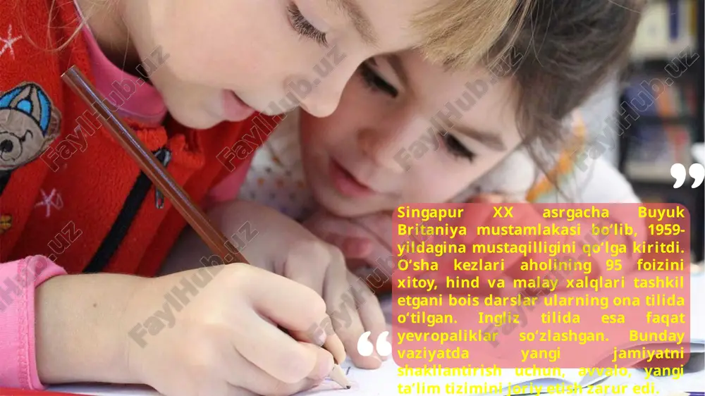 asi qoshida tashkil etilgan tadqiqot markazla­rida ilmiy izlanish olib borishi va qator fanlar bo‘yicha ilmiy daraja olishi mumkin. singapur universi­tetlari tomonidan berilgan diplom butun dunyoda amal qiladi. mamlakatda oliy ta’lim tizimi bakalavriat (3–4 yil), magistratura (1–3 yil) va doktorantura (2–5 yil) bosqichidan ­iborat. oliy ta’lim muassasa­larida o‘qish ingliz va xitoy tillarida olib boriladi. singapur ta’lim tizimi image1.jpg image2.jpg image11.jpeg image8.jpg image12.jpeg image13.png image3.jpg image6.jpg /docprops/thumbnail.jpeg