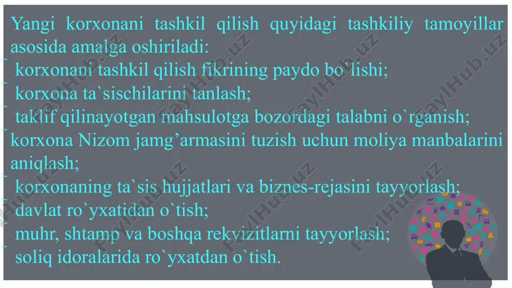 miqdoridagi qismi to`langanligini tasdiqlovchi hujjatlar. 5. davlat bojini to`laganlik haqida guvohnoma. 6. monopoliyaga qarshi muassasaning korxonani tashkil qilishga roziligini tasdiqlovchi hujjat. 7. davlat mulkini boshqarish va tadbirkorlikni qo`llab-quvatlash qo`mitasi yoki uning quyi idoralari roziligi haqidagi hujjat. korxonalarning davlat tomonidan ro`yxatga olinishi. yuqorida aytib o`tilganidek, korxona joylashgan manzilgohi bo`yicha davlat idoralarida ro`yxatga olingan kundan boshlab tashkil qilingan hisoblanadi. bu vazifani asosan hokimiyatlar bajarib, ular korxonani ro`yxatga olish to`g’risidagi ma`lumotlarni 10 kun mobaynida moliya vazirligiga yagona davlat reestriga kiritish uchun taqdim etishlari shart. davlat ro`yxatidan o`tish uchun korxonani tashkil qilish to`g’risidagi qaror, korxona nizomi (ta`sis shartnomasi) va vazirlar mahkamasi tomonidan belgilab beriluvchi ro`yxatdagi boshqa hujjatlar taqdim etiladi. korxonani tugatish va qayta tashkil qilish. korxona faoliyatini to`xtatish uni tugatish yoki qayta tashkil qilish shaklida amalga oshirilishi mumkin. ishlab chiqarishning barqaror emasligi, moliyaviy qiyinchiliklar, surunkali zarar ko`rish va to`lov qobiliyatining yo`qolishini korxonalarni tugatish yoki qayta tashkil qilishga asosiy sabab qilib ko`rsatish mumkin. korxonani tugatishda …