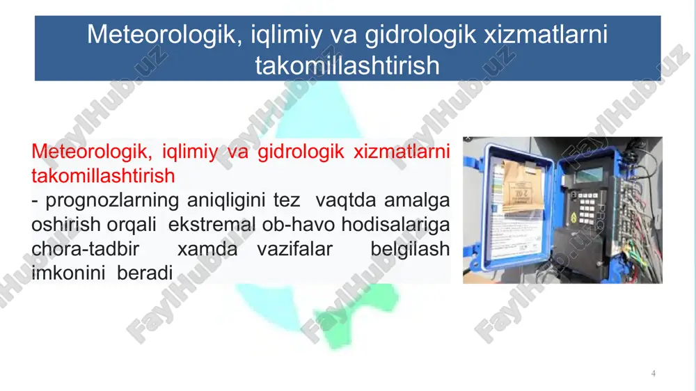 umotlarni tuzish uchun mo’ljallangan stantsiya hisoblanadi 24 1 2 3 4 gidrometeorologik tarmoq maqsadi joylarda gidrometeorologik xizmatini tashkil etish xalq xo‘jaligini barcha tarmoqlarini va mudofa tizimini meteorologik va gidrologik ma’lumotlar bilan ta’minlash 25 gidrometeorologiya xizmatining asosiy vazifalari suv ob’ektlarining gidrologik rejimini o‘rganish; xalq xo‘jaligining barcha tarmoqlarini, mudofa tizimini va boshqa sohalarni kerakli gidrometrik ma’lumotlar bilan ta’minlash; soha yo‘nalishida ilmiy tadqiqot ishlari olib borish; kuzatish va tadqiqot ishlari natijalarini alohida yilnomalar va ma’lumotnomalarda chop etish. 26 27 kuzatishlarning vazifasi suv ob’ektlarining gidrometeorologik rejimini o‘rganish maqsadida muntazam kuzatishlar olib borish; turli manfaatdor tashkilotlarni zarur gidrometeorologik ma’lumotlar bilan ta’minlash, ularni xavfli gidrologik hodisalardan ogohlantirish; kuzatish postlaridagi muntazam ravishda kuzatishlar olib borish; mahalliy aholi orasida soxa faoliyatini ommalashtirish 28 adabiyotlar: 1.t. davie. fundamentals of hydrology. second edition. madison avenue, new york, 2008 y. 221 p. 2.elizabeth m. shaw hydrology in practice.third edition.2005.-145b. 3.rasulov a.r., xikmatov f.x., d.p. aytboev. gidrologiya asoslari, «universitet», toshkent, 2003,326 bet. …