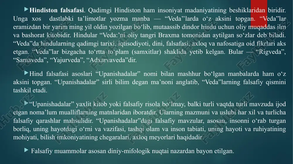 ai nazariga ko‘ra, ilohiy mazmunga ega va uning mohiyatini “li” tushunchasi belgilaydi. tartib — insoniyat jamoasining eng oliy hayotiy qadriyatlaridan biridir. konfutsiyning ta’kidlashicha, shaxs faqat o‘zi uchun emas, balki jamiyat uchun ham yashashi kerak. konfutsiy ta’limotida insonning hayotdagi ijtimoiy o‘rni nihoyatda ulug‘, u o‘ziga ravo ko‘rmagan narsani boshqalarga ham ravo ko‘rmasligi, o‘ziga ravo ko‘rgan narsani boshqalarga ham ravo ko‘rishi lozim. konfutsiyning qarashlari keyinchalik jahon falsafasida axloqiy tamoyillar rivojida, adolat, birodarlik, erkinlik g‘oyalari takomilida muhim o‘rin tutgan. bu ta’limot xitoyda ikki ming yil davomida davlat dini darajasiga ko‘tarilgan va xalq hayotida muhim ahamiyat kasb etgan. qadimgi xitoy faylasuflaridan biri lao-szidir uning ta’limotiga ko‘ra, olam, jamiyat va inson hayoti dao qonuniga bo‘ysunmog‘i lozim. dao qonuni — tabiatning yashash qonunidir, undagi rang-baranglik kurashi va uyg‘unligi abadiyligining e’tirof etilishidir. bu qonunga ko‘ra, “si”, ya’ni beshta unsur — olov, suv, havo, yer va yog‘och yoki metall olamdagi barcha jismlar asosini tashkil etadi hamda ularning yuzaga …