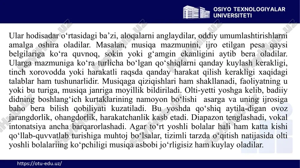 inida bola mushuk yoki uning bolasining miyovlashiga yo‘g‘on yoki ingichka tovush bilan taqlid qiladi. tovush cho‘ziqligini farqlash topshirig‘i. bu topshiriqlar ham oldingilari singari bolalar tomonidan biror mazmunli harakatlar bilan bog‘liq bo‘lgan turli chuziqlikdagi tovushlarni idrok qilish va qayta aytib berish asosida tuziladi. masalan, doirani orasida chalish - «ayiq kelyapti», tez-tez chalish «quyonchalar sakrayapti» o‘yin ko‘rinishlarini anglatishi mumkin. ikki yoshli bolalar musiqa tarbiyachisining doira, barabanni har ritmda urib, o‘yinchoqlar bilan harakat qilishini kuzatadilar, xolos. uch yoshda o‘yin ko‘rinishi bilan bog‘liq bo‘lgan «mushuk kelyap­ti», «mushuk chopyapti» harakatini bir tekis ritmda doira, barabanga mustaqil urib mashq qildirish mumkin. to‘rt yoshli bolaga musiqali-didaktik o‘yini “quyon va tulki” dan ancha murakkabroq vazifa beriladi, uyda bola musiqani tinglab, harakatlarni aniqlashi va shunga muvofiq harakatni bajarishi lozim. 8 tovushlarni tembr bo‘yicha farqlash topshiriqlari. ikki yoshli bolalarga tovushlarning tembr ohanglarini farqlashni mashq qildirish mumkin, chunki ularning eshitish tajribasida turli musiqa asboblari, ya’ni surnaycha, metallofon, duxovoy garmonikaning ovozi haqida …