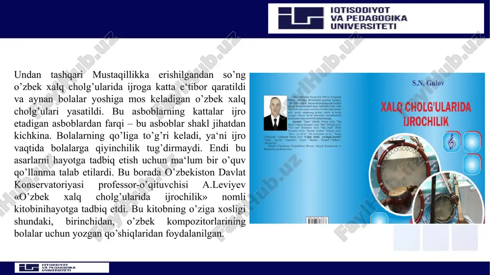 gan bolg’asimon cholg’u. bolg’a dasta va havo to’ldirilgan tovush chiqaradigan asosdan tashkil topgan. bu o’yinchoq – cholg’u kichik guruh bolalarida kata qiziqish uyg’otadi. undan tashqarii o’rta guruh bolalarida ritmni his qilishga o’rgatadi. damli cholg’ular damli cholg’ularga klarnet, saksofon kabilar kiradi. ularda ijro etishni individual tarzda o’zlashtiriladi. damli garmonika. bu asbobda tovush hosil qilish uchun puflab klavishlarini bosish bilan chalinadi. asbob 6-7 yoshli bolalarga mo’jlallangan. triola asbobi. rang-barang klavishlarga ega bo’lgan bolalar musiqa cholg’usi. bu asbobda puflash bilan birga klavishlarini bosib tovush chiqariladi. bu asbob yoqimliligi bilan boshqa asboblardan farq qiladi. bolalar bilan ishlash jarayonida musiqiy o’yinchoqlardan foydalaniladi. masalan surnaycha va boshqa o’yinchoqlar asboblarga nisbatan qiziqish uyg’otadi. bolalar bilan turli didaktik o’yinlarda cholg’ularni qo’llash mumkin. masalan, urma zarbli cholg’ular bolalarda katta qiziqish uyg’otadi. bolalarda ritmni his qilish tuyg’usini rivojlantirish aynan shu yoshdan boshlash kerak. turli zarbli urma cholg’u o’yinchoqlardan foydalanib, ritmning aniqijrosiga erishish maqsadga muvofiqdir. o’rta yoshda ijro etish o'rta guruh …