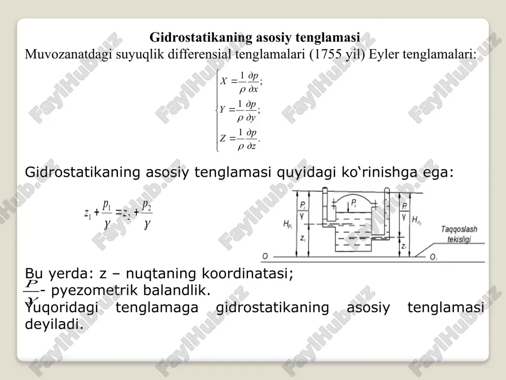 idroyuritmalar», darslik, t. o‘qituvchi, 1992 y., 70-85 b. latipov k.sh., arifjanov a.m.,«gidravlika va gidravlik mashinalar», o‘quv qullanma, t. o‘qituvchi, 2011 y., 220 b. internet saytlar: http://www.unece.org, iwra.siu.edu, iah.org, springeoline.com, worldbank.org/eca/environment. image2.wmf image3.wmf image4.wmf image5.wmf image6.png image7.wmf image8.wmf image9.wmf image10.wmf image11.wmf oleobject5.bin oleobject6.bin oleobject7.bin oleobject8.bin oleobject9.bin image14.wmf image12.wmf image13.wmf oleobject12.bin image15.png image19.wmf image16.wmf image17.wmf image21.png image18.wmf oleobject16.bin image20.wmf image22.wmf image23.wmf image24.wmf image25.wmf image26.png image27.png ; ' w f p rt o º ) 0 ( ® w w w f p 0 lim ® = ( ) z y x f p , , = 2 m n 2 m kgk 2 sm kgk 2 1 m n pa 1 g p ï ï ï î ï ï ï í ì = = = . 1 ; 1 ; 1 dz dr z du dr y dx dr x r r r g g 2 2 1 1 p z p …
