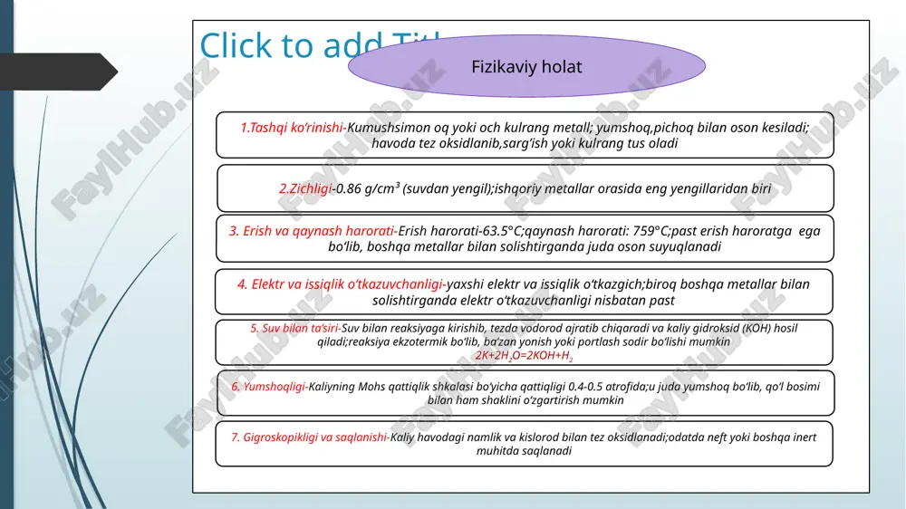 a oqsillarni parchalaydi. kimyoviy reaksiyalari: suvda erishi: koh + h2o → k+ + oh⁻ 2. kislotali muhitda tuz hosil qilish: koh + hcl → kcl + h2o 2koh + h2so4 → k2so4 + 2h2o 3. uglerod dioksid bilan reaksiyasi (kaliy karbonat hosil bo‘lishi): 2koh + co2→ k2co3 + h2o 4. oqsillar bilan reaksiyaga kirishib ularni parchalash xususiyatiga ega. 2.fizikaviy va kimyoviy xususiyatlari 3.ishlab chiqarish va qo’llanilishi 1. kimyo sanoati:kaliy asosidagi tuzlar, kaliy permanganat (kmno₄), va kaliy nitrat (kno₃) ishlab chiqarishda 2. kosmetika va gigiyena vositalari:suyuq sovun, krem va shampun tayyorlashda. koh suyuq sovun ishlab chiqarish uchun naoh (natriy gidroksid) o‘rniga ishlatiladi. 3. qishloq xo‘jaligi:kaliyli o‘g‘itlar tayyorlashda. 4. batareyalar:alkalin (ishqoriy) batareyalarda elektrolet sifatida ishlatiladi. 5. farmatsevtika:dori vositalari ishlab chiqarishda 6. metallurgiya:alyuminiy va boshqa metallarni qayta ishlashda. 7. yog‘ va sovun ishlab chiqarish:yog‘larni gidroliz qilib, suyuq sovun va boshqa mahsulotlar olish uchun ishlatiladi. 8. neft va gaz sanoati:burg‘ilash suyuqliklarini ph balansini saqlash …