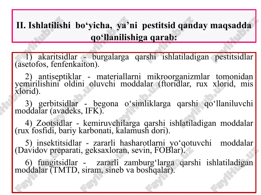 8 + - + - 9 fozalon 0.75 + - + - 10 ftalafos 0.45 + - + - 11 oktametil 0.57 + - +- - 12 xlorofos 0.57 + - + o‘ziga xos reaksiyalar karbofos - 1. 1-dimetoksiditiofosfor kislotaning sariq limon rangli misli kompleksi hosil bo‘lishi bilan aniqlanadi. 2. yodmonoxlorid bilan reaksiya musbat chiqadi. 3. texnik preparatlari quyidagi reaktivlar bilan mikrokristallar hosil qiladi. a) vismut yodidning spirtli eritmasi; b) simob xloridning spirtli eritmasi; v) simob bromidining spirtli eritmasi; 4. yuq xromatografiya - bir nechta dog‘lar hosil qiladi. metofos va metilmerkaptofos 1. yodmonoxlorid bilan reaksiya musbat chiqadi 2. simob xloridning spirtli eritmasi 3. simob bromidning spirtli eritmasi bilan mikrokristallar hosil qiladi. 4. xromatografiyada bir nechta dog‘lar hosil qiladi. fosfamid 1. yodmonoxlorid va bromli suv bilan mikrokristallar hosil bo‘ladi. 2. xromatografiyada bir nechta dog‘ hosil bo‘ladi 3. texnik preparatlari marki va frede reaktivlari bilan rangli marsulotlar hosil qiladi. fozalon 1. kumush …