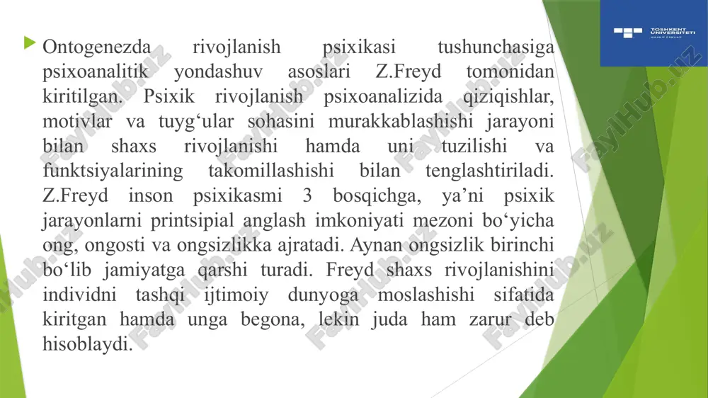 parojets, d.b.elkonin, l.i.bojovich, m.i.lisina va l.s.vigotskiy maktabining boshqa vakillari ishlarida rivojlantirib, oydinlashtirilgan va aniqlangan. l.s.vigotskiyning quyidagi ishlarida madaniy-tarixiy yondashuvning asosiy mazmuni yoritilgan. «bolaning madaniy rivojlanish m uammolari» (1928), «psixologiyadagi instrumental metod» (1930), «bola rivojlanishida vosita va belgilar» (1930), «oliy psixik funksiyalarning rivojlanish tarixi» (1930-1931) olimning juda mashhur kitobi «tafakkur va nutq» (1933-1934) va qator boshqalar. l.s.vigotskiy xx asrning birinchi o'n yilligida fan sifatida psixologiyani inqirozga yuz tutish sabablarini tahlil qilib psixik rivojlanishning barcha zamonaviy ta’limotlarida unga nisbatan yondashuv qo‘llanilganligini aniqladi, ularni biologizator, biologik to'siq yoki naturalistik tabiiylik deb atagan. xozirgi zamon psixologiyasining yirik vakili av.petrovskiy inson kamolotiga, shaxsning tarkib topishiga ijtimoiy-psixologik nuqtai nazardan yondashib, shaxsning shakllanishini quyidagi bosqichlarda amalga oshishini ta'kidlaydi: 1. ilk bolalik (maktabgacha tarbiya yoshidan oldingi davr) tug’ilganidan 3 yoshgacha. 2. bog’cha davri - 3 yoshdan 7 yoshgacha, 3. kichik maktab yoshi davri - 7 yoshdan 11 yoshgacha. 4. o’rta maktab yoshi (o’smirlik) davri - 11 yoshdan 15 …