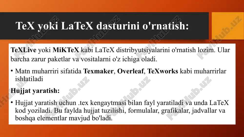 a urg'uli belgilarni to'g'ridan-to'g'ri klaviaturadan kiritish imkonini beradi va tex faylining kodlanishini ko'rsatadi, bu holda utf-8. fontenc to'plami ko'rish va chop etishda kirill harflarini to'g'ri ko'rsatish uchun 8 bitli kodlash bilan t2a shriftlarini o'rnatadi. babel paketi 200 ta til uchun madaniyatga xos tipografik qoidalarni qo'llab-quvvatlashi mumkin. belgilangan parametrlar bilan ingliz, rus, babel paketi rus va ingliz tilidagi so'zlarni avtomatik defislash imkonini beradi, so'zlarning qisqartmalarida nuqtalarni to'g'ri joylashtirishni amalga oshiradi, bosh harflar orasidagi bo'shliqlar uzunligini o'rnatadi va hokazo. qator bilan bog’lash \usepackage{amsmath,amsfonts,amssymb} amsmath, amsfonts, amssymb paketlari turli matematik va texnik formulalar bilan ishlash va formulalarda ruscha matndan foydalanish imkonini beradi latexning grafik imkoniyatlarini kengaytirish uchun quyidagi paket ishlatiladi: \usepackage{graphicx} graphics to'plami hujjatga eng mashhur formatdagi grafik fayllardan rasmlar qo'shish imkonini beradi: jpeg, png, eps, pict. bu muqaddimani yakunlaydi. keyingi roʻyxatda \begin{document} va \end{document} buyruqlari orasiga kiritilgan matndan tuzilgan hujjat tanasi joylashgan. \begin{document} % telo dokumenta \selectlanguage{russian} zdes mojet bud vash sobstvenniy …