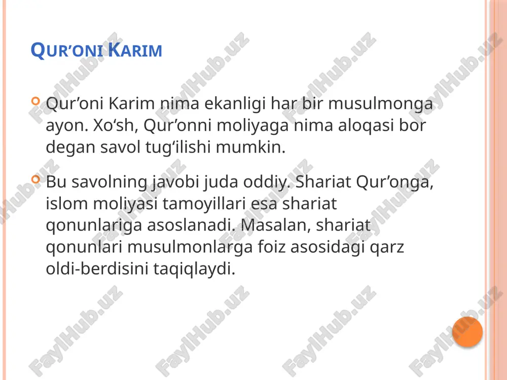 f savdo amaliyoti asosidagi moliyaviy mahsulot ekanligini tan olishlari kerak. murobahani qo'llovchi islom moliya muassasasi mijozga kerakli bo'lgan mahsulotni sotib oladi, uni o'z huquqiy yoki jismoniy egaligiga qabul qiladi va ustiga o'z ustamasini qo'ygan holda mijozga muddatli to'lov asosida sotadi va bu jarayon bilan bog'liq barcha xatarlarni o'z zimmasiga oladi. sukuk g'arb moliya tizimi qonun-qoidalari asosida faoliyat yurituvchi kompaniyalar uchun moliya mablag'lari jalb qilishning eng keng tarqalgan yo'llaridan biri, bu foiz asosidagi obligatsiyalar chiqarishdir. bunda, obligatsiya chiqargan tomon, ularni sotib olgan tomonga foiz to'lab boradi (ikkinchi tomon uchun bu xuddi bankka foizli omonat qo'yganga o'xshaydi). obligatsiya bo'yicha foizlar kompaniya aktsiyadorlariga kompaniya tarafidan amalga oshirilgan faoliyat natijasida olingan foydadan dividendlar berishdan oldin to'lanadi. sukuk islom moliyasida ana'anaviy obligatsiyadagi kabi foizga pul mablag'lari jalb qilish taqiqlangan. buning o'rniga sukuk deb ataluvchi moliyaviy mahsulot mavjud. sukuk doimo daromad keltirishi mumkin bo'lgan real aktiv asosida chiqariladi va uni sotib olgan tomon ushbu aktivga qisman …