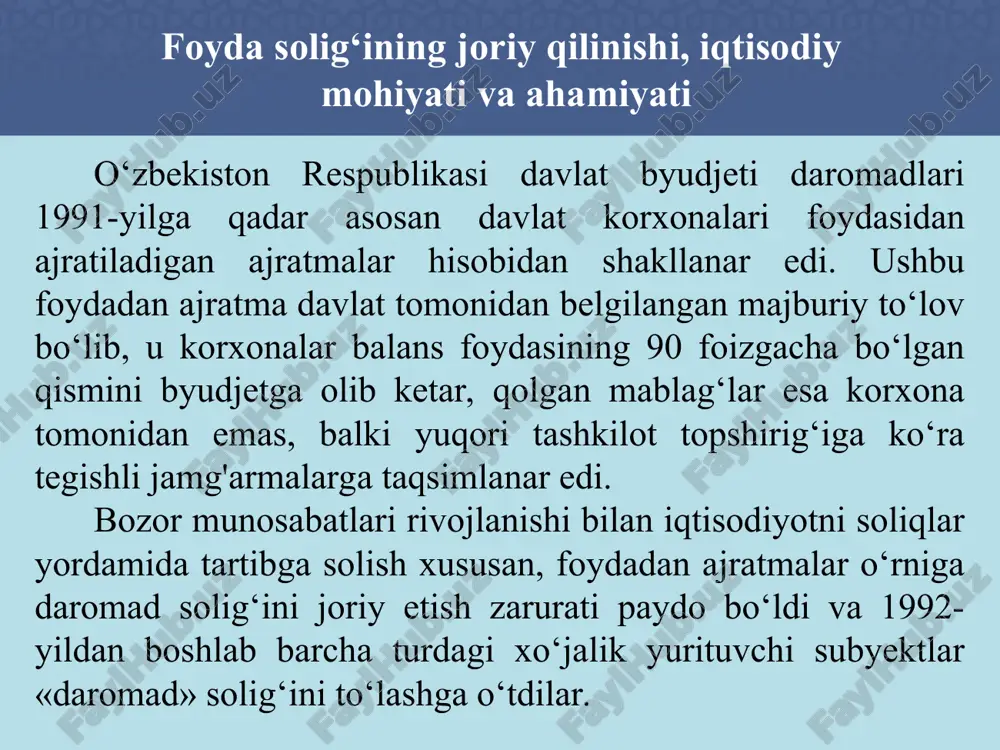 foyda solig’ining soliq to’lovchilari deb e’tirof etiladi: - o’zbekiston respublikasining soliq rezidentlari bo’lgan yuridik shaxslar; - o’zbekiston respublikasining norezidentlari bo’lgan yuridik shaxslar, shuningdek o’zbekiston respublikasida faoliyatni doimiy muassasalar orqali amalga oshiradigan, yuridik shaxs tashkil etmagan holdagi chet el tuzilmalari; - o’zbekiston respublikasidagi manbalardan daromadlar oluvchi o’zbekiston respublikasi norezidentlari bo’lgan yuridik shaxslar; - soliq to’lovchilar konsolidatsiyalashgan guruhining mas’ul ishtirokchilari bo’lgan yuridik shaxslar; - soliq davrida tovarlarni (xizmatlarni) realizatsiya qilishdan olgan daromadlari bir milliard so’mdan ortiq bo’lgan yoki o’z ixtiyori bilan foyda solig’ini to’lashga o’tgan yakka tartibdagi tadbirkorlar; - oddiy shirkat shartnomasi (birgalikdagi faoliyat to’g’risidagi shartnoma) doirasida amalga oshiriladigan faoliyat bo’yicha oddiy shirkatning ishonchli shaxsi. agar soliq kodeksida boshqacha qoida nazarda tutilmagan bo’lsa, aylanmadan soliq to’lovchi shaxslar soliq to’lovchilar hisoblanmaydi. yuridik shaxslar foyda solig‘i bo‘yicha byudjet bilan hisob-kitoblarni mustaqil ravishda amalga oshiradilar. ayrim iqtisodiyot tarmoq korxonalari byudjet bilan hisob-kitoblarni o‘zbekiston respublikasi vazirlar mahkamasining qaroriga binoan markazlashtirilgan tartibda amalga oshirishlari mumkin (misol uchun, …
