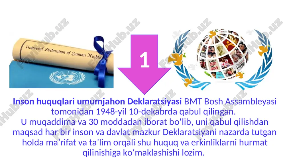 g barcha huquqlari va asosiy erkinliklarini rag‘batlantirish ushbu konvensiyaning maqsadi: ularga xos qadr-qimmatni hurmat qilishni rag‘batlantirishdir himoya qilish hamda to‘la va keng amalga oshirilishini ta’minlash 2015-yil 21-may kuni koreya respublikasining inchxon shahrida ta’lim 2030: hamma uchun inklyuziv va teng sifatli ta’lim hamda umrbod ta’limni ta’minlashga qaratilgan deklaratsiya qabul qilindi. 2015-yil may oyida inchxon (koreya respublikasi) da ta'lim bo‘yicha jahon forumi bir maqsad bilan birlashtirilgan 160 mamlakatdan 1600 nafar ishtirokchini jamladi. 4. inchxon deklaratsiyasi inchxonning “ta’lim-2030” deklaratsiyasi barqaror rivojlanish maqsadini shakllantirish uchun ishlatilgan. deklaratsiyada “taʼlim-2030” harakatlar dasturining asosiy elementlari muhokama qilindi va kelishib olindi. ta'lim-2030. barqaror rivojlanish maqsadi. asosiy tamoyillar tamoyillar universal qabul qilish miqdori barcha bosqichlarda ta'lim olish imkoniyatini kengaytirish tenglik adolat, inkluzivlik va gender tengligiga e'tibor berish insonning asosiy huquqi va jamoat farovonligi hayot davomida keng qamrovli ta’lim ta’lim - 2030 yilgacha: ta'limga yangicha qarashning maqsadlari: . taraqqiyotning asosiy omili sifatida ta’limning muhim rolini e’tirof etgan holda va boshqa …