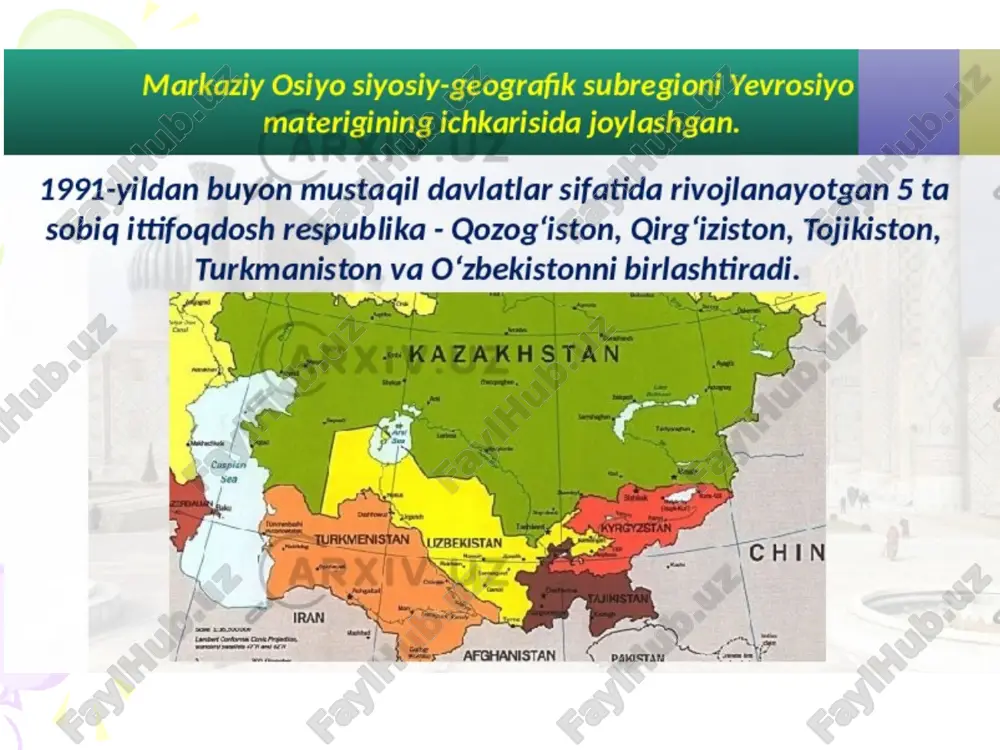 malga oshirishdagi mustaqillik). 3. maxsus boshqaruv va majburlov apparatining mavjudligi. 4. huquq tizimining mavjudligi. 5. soliq tizimiga egaligi. salkam uch ming yillik tarixga ega bo`lgan o`zbek xalqi davlatchiliginig shakllanishi va rivojlanishi davrlarga bo‘linib, u quyidagilardan iborat: 1. o’zbekiston davlatchilikka o`tish davri (mil.avv. ii ming yillikning o`rtalari va ikkinchi yarmi): 2. ilk davlat uyushmlari (mil. avv. i ming yillikning birinchi yarmi): 3.qadim davr davlatchiligi tarixi (mil.avv. iv asr oxiri milodiy iv asr): 4. ilk o`rta asr davlatchiligi tarixi ( v-viii asr o`rtalarigacha): 5. rivojlangan o`rta asrlar davlatchiligi (ix-xiii asr boshlari): 6. amir temur va temuriylar davlati (xiv asr ikkinchi yarmi-xvi asr boshlari): 7. xvi-xix asr birinchi yarmi davlatchiligi tarixi: 8. o’zbekiston xix asr ikiknchi yarmi va xx asr mustamlakachiligi davrida: 9. mutaqil o’zbekiston davlatchiligi bir necha ming yillik o`zbek davlatchiligining davomi va vorisi sifatida. tabiiyki, o`zbek davlatchiligi tarixidagi bu davrlar bir qator bosqichlarga bo`lib o`rganiladi. o‘lkamiz hududlarida dastlabki shahar madaniyatining shakllanishi …