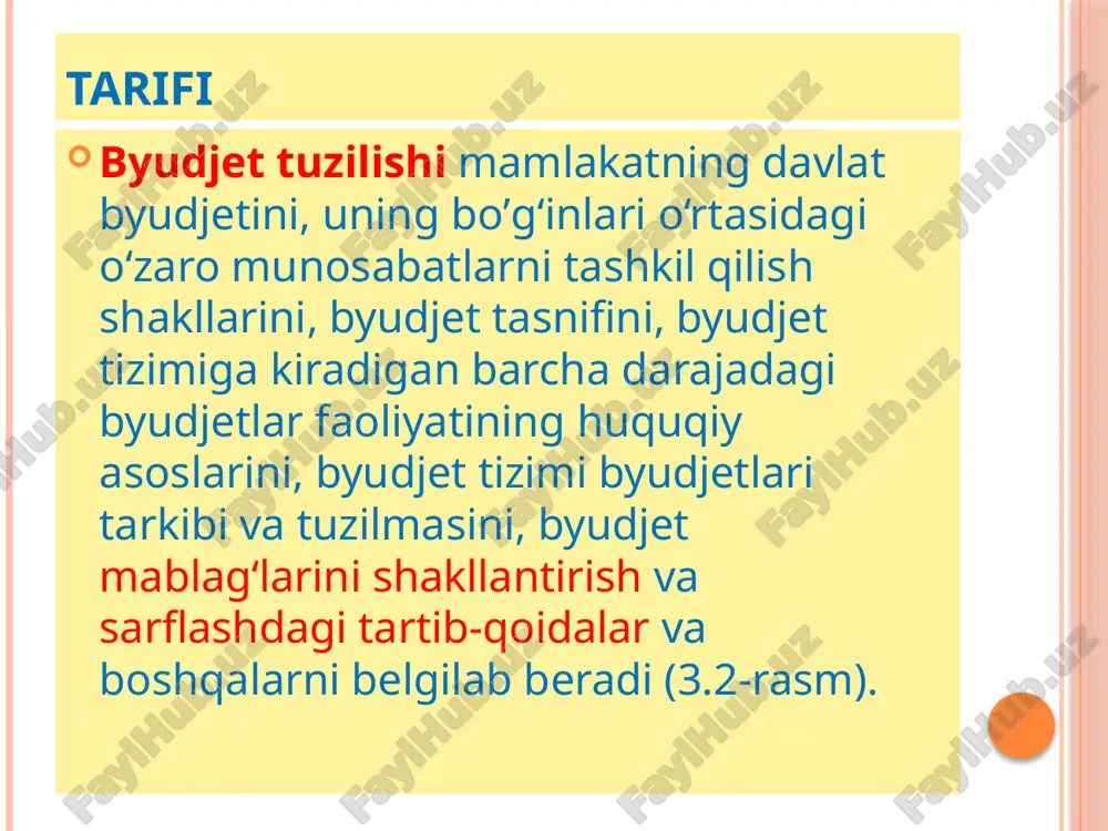 va boshqa majburiy to‘lovlarning turlari umumiy tartibda to‘lanadigan soliqlar soddalashtirilgan tartibda to‘lanadigan soliqlar boshqa majburiy to‘lovlar yuridik shaxslardan foyda solig‘i; jismoniy shaxslardan da- romad solig‘i; qo‘shilgan qiymat solig‘i; aksiz solig‘i; yer qa’ridan foydalanuvchilar uchun soliqlar va maxsus to‘lovlar; suv resurslaridan foyda- langanlik uchun soliq; mol-mulk solig‘i; yer solig‘i; benzin, dizel yoqilg‘isi va gaz uchun soliq. yagona soliq to‘lovi; yagona yer solig‘i; tadbirkorlik faoliyatining ayrim turdagi tovarlar bilan chakana savdo qilish va ayrim turdagi xizmatlarni ko‘rsatish huquqi uchun yig‘im davlat boji; bojxona to‘lovlari; ayrim bilan qilish turdagi tovarlar chakana savdo va xizmatlarni ko‘rsatish huquqi uchun yig‘im ijtimoiy jamg‘armalarga majburiy to‘lovlar; respublika yo‘l jamg‘armasiga majburiy to‘lovlar davlat maqsadli jamg‘armalariga majburiy to‘lovlar soliqlarlarning guruhlanishi soliqqa tortish obyektiga ko‘ra iqtisodiy mohiyatiga ko‘ra to‘g‘ri (bevosita) soliqlar byudjet tizimi darajalari daromadlarini shakllantirishiga ko‘ra umumdavlat soliqlari to‘lovchisiga ko‘ra yuridik shaxslar to‘laydigan soliqlar oborotdan olinadigan soliqlar daromaddan olinadigan soliqlar mol-mulk qiymatidan olinadigan soliqlar yer maydoniga qarab olinadigan soliqlar …
