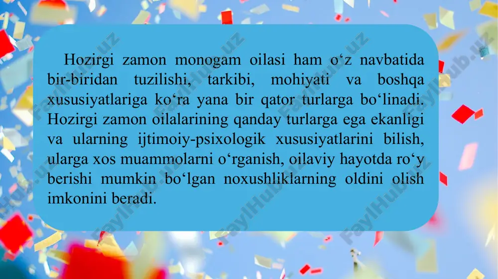 a’zolarini muayyan yaxshi urf-odatlar, muomala maromlari doirasida birlashtirishga qodir bo`lgandagina mustahkam va baxtiyor bo`ladi. jinsiy-hirsiy muloqot funktsiyasi – er va xotin o`rtasidagi ikkalasigagina taalluqli bo`lgan seksual ehtiyojlarni qondirish, shu orqali avlodlar bardavomligini ta’minlashga xizmat qiladi. ushbu funktsiyaning bajarilishi er-xotin munosabatlariga bevosita ta’sir qiladi, ularning bir-birlariga vafo-sadoqatda bo`lishlarini, salomatliklari va to`g’ri turmush tarzini barqaror etishlariga xizmat qiladi. baxt va tinchlik-xotirjamlikni barqarorlashtirish funktsiyasi ham o`ta muhim bo`lib, aynan oila har bir a’zosining muammolarini yechish, uni tashqi turli ta’sirotlardan himoyalash, kerak bo`lsa, unda himoya immunitetini shakllantirishga yordam beradi. reproduktiv funktsiya – bu oilaning nafaqat avlodlar, vorislarni yaratishga aloqador vazifasi, balki, shu orqali ota va ona bo`lishdek baxtga muyassar bo`lish, davlatning esa tub aholi sonini muayyan miqdorda ushlab turishiga ham xizmat qiladi. ayniqsa, o`zbeklarda nikohning dastlabki onlaridanoq, “uvali-juvali bo`linglar, qo`sha qaringlar” deb duo qilinadi va kelinchakning homilador bo`lishi intiqlik bilan kutiladi. chunki aynan shu omil yosh oilaning mustahkamligida katta ahamiyatga molik bo`ladi. tarbiya va …