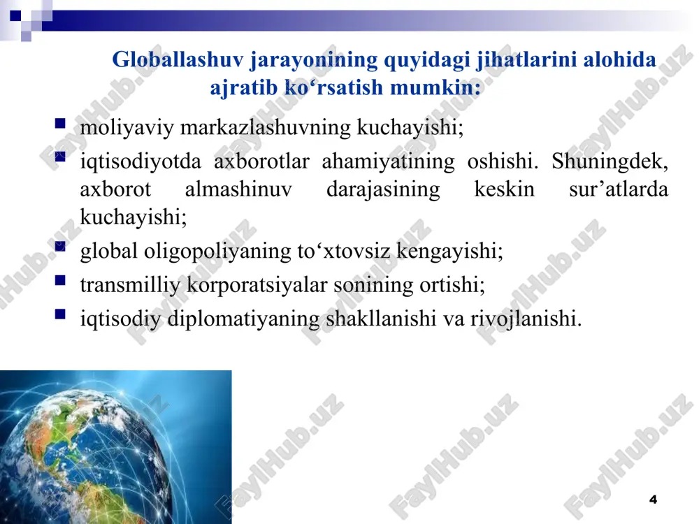 v jarayonining asosiy manbalari, omillari va rivojlanish bosqichlari gwe * globallashuvning ikkinchi manbasi – protektsionizm siyosatini cheklashga sabab bo’luvchi va jahon savdosini erkin qiluvchi savdoning liberallashuvi hamda iqtisodiy liberizatsiyaning boshqa shakllaridir. baynalmilallashuv jarayonining uchinchi manbasi va globallashuvning asosiy manbalaridan biri transmilliylashuv hodisasi boʻldi. ushbu holatda transmilliy kompaniyalar etakchi kuch sifatida namoyon boʻladi va ular bir vaqtning oʻzida baynalmilallashuv jarayonining asosiy ishtirokchilari hisoblanadi. gwe * globallashuv jarayonining manbalari birinchi manba xalqaro mehnat taqsimoti fan-texnika taraqqiyoti ikkinchi manba iqtisodiyot liberallashuvi protektsionizmni cheklash va savdoni erkinlashtirish uchinchi manba transmilliylashtirish jarayonining kuchayishi ttxi hajmining ortishi xizmatlar ko‘rsatish sohasining rivojlanishi gwe * zamonaviy transmilliy korporatsiyalar, oldingi ishlab chiqarishga ixtisoslashgan tmklardan farqli ravishda, asosan axborot va moliyaviy bozorlarda faoliyat koʻrsatmoqda. mazkur bozorlarning global miqyosda birlashuvi sodir boʻlmoqda va natijada yagona jahon moliyaviy-axborot makoni shakllanmoqda. bunga muvofiq tarzda tmklarning va ular bilan chambarchas aloqador boʻlgan milliy iqtisodiy tuzilmalar hamda tashkilotlarning roli oshib bormoqda. hozirgi paytda yangi texnologiyalarning …