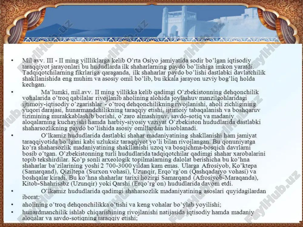 rning yurtga birlashtirilishi 1371 -1388 - yillarda xorazmdagi so’fiylar sulolasi hukmdorlariga qarshi olib borilgan urushlar va xorazmning yurt tarkibiga qo’shib olinishi www.arxiv.uz amir temur –mutloq hukmdor devonbegi vazirlar maxfiy va ochiq kengashlar www.arxiv.uz www.arxiv.uz amir temur davlatining ma'muriy tuzilishi saltanat ulus viloyat tuman (10 ming askar etkazib bergan) hazora (minglik) sada (yuzlik) daha (o'nlik) hokim moliya devoni boshlig'i qozi muftiy mutavalliy muxtasib adolat amiri viloyat va tuman boshkaruvlari mahalliy erkin jamoalar mahalla oqsoqollari kutvol (komendant) amir temurning tashqi yurishlari 1381 — 84 yillar davomida amir temur eronning katta qismini egalladi. avval (1381) kalot, turshiz va sabzavor, keyin (1383) seistonning zireh. zova, farah va bust qal'alari, 1384 yilda astrobod viloyati va ozarbayjonning omul, sori, sultoniya va tabriz shaharlari buysundirildi 1371, 1373, 1375, 1379, 1388-yillarda xorazmga qarshi besh marta yurish qildi va uni bo'ysundirdi. 1371-1389-yillarda mo'g'uliston bo'ysundirilgan «uch yillik» (1386 - 88) harbiy yurishlar oqibatida janubiy ozarbayjon, iroqning shim qismi. gurjiston va …