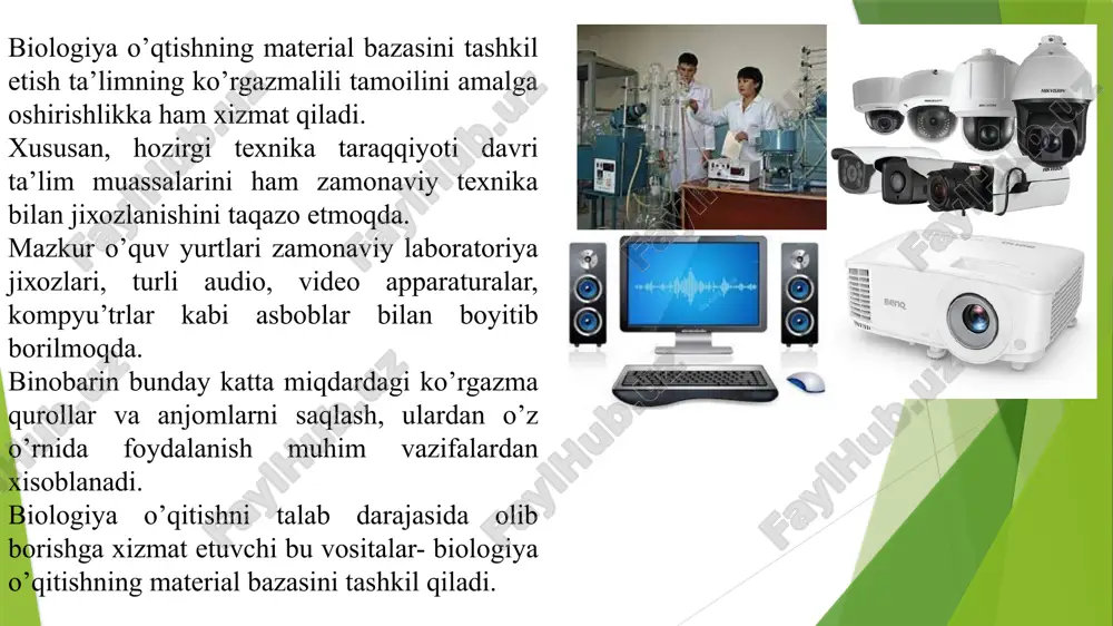 reparatorlar xonasi – o’qituvchi darslarga tayyorlanadigon, mashg’ulotlarda o’tkaziladigon tajriba va kuzatish ishlarini tashkil qilishga zarur bo’lgan asbob anjomlarni, ish qurollari, tarqatma materiallarni tayyorlab qo’yadigon joydir. preparatorlar xonasiga birqancha shkaf va stol, stullar qo’yilib. ularda asosiy o’quv jixozlari saqlanadi. imkonga qarab har bir fan uchun aloxida shkaflar ajratib qo’yish maqsadga muvofiq sanaladi. preparator xonasida saqlanadigon ko’rgazma qurollar ikki guruxga bo’linadi. birinchi gurux-natural ko’rgazma qurolar bo’lsa ikkinchisi-tasviriy ko’rgazma qurollardan iborat bo’ladi. tasviriy ko’rgazma qurollar-turli o’quv predmetlariga oid o’quv jadvallari, rasmlar, mulyajlar, o’quv filmlari, diafilmlar, kodopozitivlar, proektsion apparatlarni o’z ichiga oladi. o’quv tajriba uchastkasi o’quv-tajriba uchastikasi o’quvchilarga berilayotgan bilimlarni mustaxkam bo’lishi ularda turli malakalar xosil qilishda katta rol’ o’ynovchi ta’lim tarbiya berishni alohida bazasi xisoblanadi. o’quv tajriba uchastkasida botanika, zoologiya, umumiy biologiya fanlaridan mashg’ulotlar olib boriladi. uchastka shunday qilib dalachilik, sabzavotchilik, mevachilik, dekorativ, biologiya va zoologiya bo’limlaridan iborat bo’ladi. o’quv tajriba uchastkasida meteorologiya stantsiyasi, jo’g’rofiya maydonchasi va xona bo’ladi. dalachilik bo’limi - kollektsion …