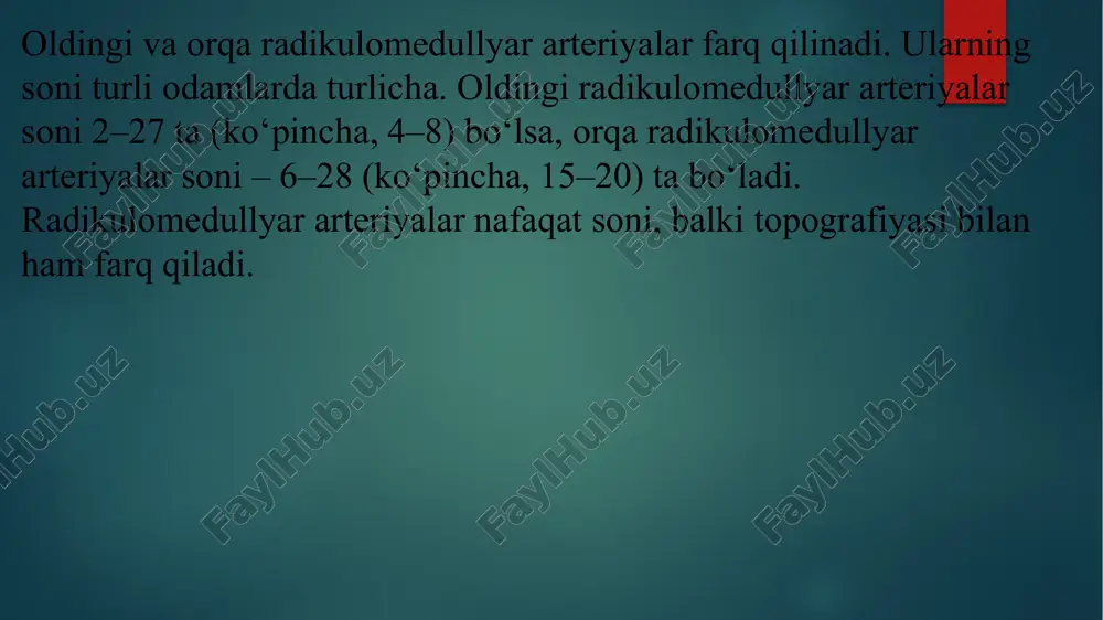 sindromi. bemor yura boshlaganda oyoqlar uvishib, ularda holsizlik paydo bo‘ladi. uvishish va paresteziyalar qorinning pastki qismida ham kuzatiladi. tos a’zolari funksiyasi buziladi. bemor 5–10 daqiqa o‘tirib dam olgach, paydo bo‘lgan simptomlar o‘tib ketadi. bemor o‘rnidan turib yana yura boshlaydi. bu sindrom orqa miyaning pastki torakal va bel-dumg‘aza segmentlarining o‘tkir ishemiyasida ro‘y beradi. bo‘yin kengligi oldingi spinal arteriyasi (radikulomedullyar arteriya) zararlanishi. qo‘llarda periferik, oyoqlarda markaziy paraparez, ya’ni aralash tetraparez rivojlanadi. harakat buzilishlari ba’zida yengil, ba’zan esa tetraplegiya darajasida namoyon bo‘ladi. zararlangan sohada segmentar tipda, undan pastda o‘tkazuvchi tipda sezgi buzilishlari ro‘y beradi. tos a’zolari funksiyasi markaziy tipda buziladi. radikulomedullyar arteriyaning surunkali kompressiyasida kasallik belgilari yon amiotrofik skleroz klinikasiga o‘xshab kechadi. arteriyaning o‘tkir trombozi yoki kompressiyasida kasallik klinikasi o‘tkir spinal insult tipida rivojlanadi. arteriyaning bir tomonlama zararlanishida (travmatik, kompression, trombotik) broun-sekar sindromi paydo bo‘ladi: o‘choq tomonda markaziy parez, qarama-qarshi tomonda yuzaki sezgining o‘tkazuvchi tipda buzilishi kuzatiladi. biroq chuqur sezgi buzilmay qoladi, chunki …