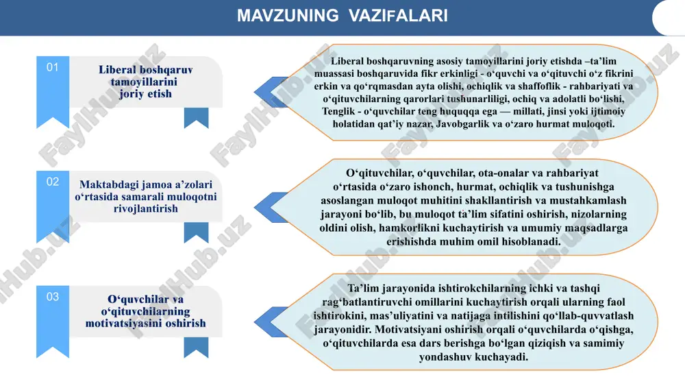 , qarorlar qabul qilishda ishtirok etadi. jamiyatning ishtirokini oshirish, ta’lim jarayonini innovatsiyalar va samaradorlik nuqtai nazaridan rivojlantirish maktablarning jamiyat bilan yanada mustahkam aloqasini ta’minlashi, boshqaruvidagi innovatsiyalarni qo‘llab-quvvatlash. 2. o‘zbekistonda muloqot o‘rtacha, ko‘proq yuqori darajadagi rahbariyat bilan amalga oshiriladi. innovatsiyalarni qo‘llashda muammolar mavjud, ammo o‘qituvchilarni innovatsiyalar bilan tanishtirishga intilish mavjud. janubiy koreya maktablarida liberal boshqaruv uslubi bu yangiliklarni tatbiq etishda muhim rol bo‘lib, o‘qituvchilar va rahbariyat innovatsion metodlarni qo‘llashda erkinlikka ega va ta’lim sifatini oshirish uchun doimiy o‘zgarishlar va innovatsiyalarni amalga oshirib kelmoqda. maktab boshqaruvida ota-onalar va o‘qituvchilar o‘rtasida doimiy muloqot o‘rnatilgan bo‘lib, ota-onalar, o‘quvchilar va o‘qituvchilar o‘rtasida erkin va ochiq fikr almashinadi. ta’lim tizimida innovatsion pedagogik uslublarni joriy etish va o‘qituvchilarni yangi metodlar bilan tanishtirish qaratilgan jarayonni amalga oshirishda innovatsion ta’lim platformalarini joriy qilish 3. liberal boshqaruvda o‘qituvchilar o‘z darslarini rejalashtirishda va pedagogik yondashuvni tanlashda ko‘proq markaziy talablarga bog‘lanadi, shu bilan birga erkinlik va mustaqillik chegaralanadi. fransiya ta’lim tizimi an’anaviy …