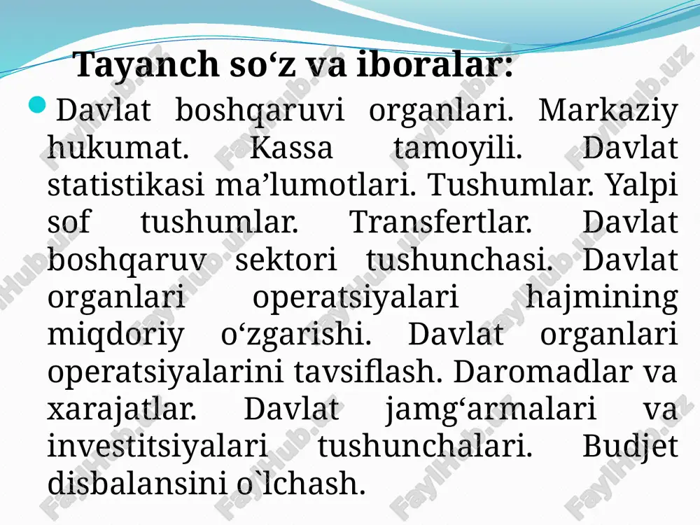 asosiy turlari 3.3. davlat budjetining soliqlarga ko`ra tarkibi. soliqning asosiy turlari davlatning byujet-soliq siyosati davlatning byudjet-soliq siyosati davlat tomonidan xo‘jaliklarga ko‘rsatiladigan moliyaviy yordamlar dotatsiya, subvensiya va subsidiya shakllarida olib boriladi. dotatsiya -budjet va budjetdan tashqari fondlardan qaytarib olmaslik sharti bilan xo‘jaliklarning zararlarini qoplash, shuningdek, mahalliy budjetlar mutanosibligini ta’minlash uchun ajratilgan pul mablag`laridir. subvensiya - qat’iy maqsadlar uchun beriladigan dotatsiya turi bo‘lib, foydalanish sharti buzilganda uni qaytarib olish mumkin. subsidiyalar - bu pul yoki natura ko‘rinishidagi yordam turi bo‘lib, budjet va budjetdan tashqari fondlardan ko‘rsatiladi. subsidiyalar bevosita va bilvosita bo‘lish mumkin. to‘g‘ri subsidiyalar - kapital qo‘yilmalar, ilmiy tadqiqotlar, kadrlarni qayta tayyorlashga ajratilgan mablag‘lar, egri subsidiyalar soliq imtiyozlari, imtiyozli shartlarda kreditlar berish, pasaytirilgan bojxona bojlari va hokazolardir. bundan tashqari davlat aholini davlat transfertlari ko‘rinishida himoya qiladi. daromadlarni qayta taqsimlanishi: aholi o’rtasida tarmoqlar o’rtasida hududlar o’rtasida 3.4.o‘zbekiston respublikasi iqtisodiyotini barqaror o‘sishida davlatning fiskal siyosatining o‘rni. davlat, iqtisodiy o‘sishni ta’minlash maqsadida budjetining barcha miqyoslarida …