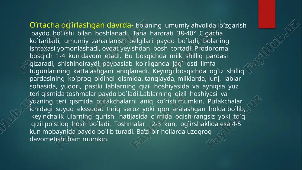 bir hollarda bolalar orasida gerpes virusnning organizmda saqlanib qolish hollari ham qayd etiladi. tez-tez shamollashlar, yuqumli kasalliklar va boshqa organizmni zaiflashtiruvchi omillar bunday bolalarda gerpetik stomatit xastaligining qaytalanishiga sabab bo`ladi. bunday hollarda bolaning umumiy ahvoli deyarli o`zgarmaydi. ba’zan bola umumiy ahvolining yomonlashuviga gripp, o`pka yallig`lanishi (pnevmoniya) kabikasalliklarning qo`shilishi sabab bo`lishi mumkin. xastalikning bunday qaytalanuvchi turida pufakchali toshmalar asosan lablarning qizil hoshiyasi,tanglay shilliq pardasida,milkning alveolyar qismi kamdan kam hollarda til shilliq pardasi yallig`lanadi. pufakchalarning tezda yorilishi natijasida shilliq pardalarda ko`pincha yuzasi och kul rang karash bilan qoplangan eroziya-shilinish belgilari ko’rinadi. ularning o`lchamlari 0,2-0,4 mm bo`lib, atrofi qizil hoshiya bilan o`ralgan bo`ladi. o`zaro qo`shilish hollari kamdan-kam kuzatiladi.qayd qilingan eroziya-shilinishlar natijasida hosil bo`lgan jarohatlar tezda (3-5 kunda) sog`lom epiteliy bilan qoplanib bitadi. ikkilamchi infeksiya ta’sirida jarohatlarning bitishi ancha sekinladi. ba’zan bu xastalik uch shoxli nerv tarmog`i bo`ylab og`riq paydo bo`lishi bilan kechnshi mumkin. surunkali qaytalovchi gerpetik stomatitda davolash chora-tadbirlari aynan o`tkirgerpetik stomatitdagidek amalga …