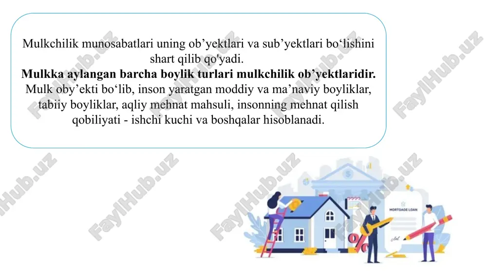 ‘zda tutadi. u bir qator yo’lar bilan amalga oshiriladi: davlat korxonalarini aksiyadorlik jamiyatiga aylantirish, davlat korxonasini sotib, uni jamoa mulkiga aylantirish; mulkni qiymatga qarab chiqarilgan cheklar (vaucher) bo‘yicha fuqarolarga bepul berish; mulkni ayrim tadbirkor va ish boshqaruvchilarga sotish; ayrim davlat korxonalarini chet el firma va fuqarolariga sotish yoki qarz hisobiga berish; davlat mol-mulkini auksionlarda kim oshdi savdosi orqali sotish va h.k. xususiylashtirishning usullari ham turli-tuman bo‘lib, ularini 3 guruhga ajratish mumkin: davlat mulkini bepul bo‘lib berish orqali xususiylashtirish; davlat mulkini sotish orqali xususiylashtirish; davlat mulkini bepul bo‘lib berish hamda sotishni uyg‘unlashtirish orqali xususiylashtirish. o‘zbekistonda mulkni davlat tasarrufidan chiqarish va xususiylashtirish jarayonini amalga oshirish bosqichlari tovar va uning xususiyatlari tovar - bu biron-bir naflilikka va qiymatga ega bo‘lgan, ayirboshlash uchun yaratilgan mehnat mahsuli. tovar ikki xususiyatga ega: bir tomondan, u kishilarining biror-bir narsaga bo‘lgan ehtiyojini qondira oladigan, ikkinchi tomondan esa, boshqa buyumlarga ayirboshlana oladigan, ya’ni oldi-sotdi jarayonidan ola oladigan buyumdir. boshqacha …