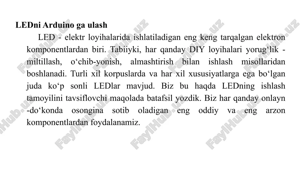 pinlarda kerakli quvvat darajasini hosil qiling. masalan, eskizda 5 -pin uchun past signal darajasini qo‘llagan holda, biz bu ulagichda bizga kerak bo‘lgan "minus" ni olamiz. umumiy elektr uzatish liniyalari orqali "plus va minus tomonlarini" tarqatishning ajoyib variantlari bo‘lgan doska panelidan foydalaning. maxsus sensor shield kengaytirish platalaridan foydalaning, ular har bir pin uchun quvvat va yerli alohida pinlarga ega. xuddi shu tarzda, svetofor yoki led tasmasi loyihalarini ishga tushirish orqali siz quyidagi ledlarni ulashingiz mumkin. shuni yodda tutingki, 3 tadan ortiq ledni ulash arduino platasining quvvat moduliga katta yuk beradi. shu sababli, bir vaqtning o‘zida bir nechta ledni uzoq vaqt davomida yoqishni tashkil qilish tavsiya etilmaydi. mustaqil ishlash uchun topshiriqlar: 1. arduino sxemalarini o‘zingiz ulang. 2. arduino ideda mustaqil ravishda bu ish uchun dastur yozing. 3. mayoqni yarim soniya yorug‘lik qilib turing va miltillash orasidagi pauza bir soniyaga tenglashtiring. 4. misol kodini o‘zgartiring, shunda chiroq ishga tushgandan keyin uch soniya davomida …