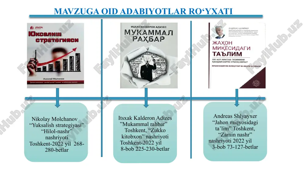 ‘zgaruvchan sharoitlarga moslashuvchan. o‘zbekistonda umumta’lim maktablarida mezonlarga asoslangan baholash tizimi asosida ichki nazorat tizimini yo‘lga qo‘yish lozim bo‘ladi. 7 natijaga yo‘naltirilgan nazorat maktab boshqaruvining eng muhim elementi hisoblanadi. uni joriy etishda maktab rahbarlari nazorat vositasi bo‘lgan baholash tizimini maktablarida tatbiq etishi hamda nazoratda jamoatchilik ishtirokini oshirib borishi, “maktab ekologiyasi” ni muvofiqlashtirib, raqamli nazorat tizimini yo‘lga qo‘yishi, natijalarni chuqur tahlil qilishi muhim hisoblanadi. xulosa 8 2 samarali baholash tizimini umumta’lim maktablarida ham kengroq joriy etish nazoratda ilg‘or xorijiy va mahalliy tajribalardan foydalanish va qarshi fikrli xodimlar bilan ishlash maktablarda turli o‘quv rejalardan foydalanishni joriy qilish takliflar 1 2 3 9 chora-tadbirlar rejasi t/r muammo muammoning yechimini amalga oshirish mexanizmi mas’ullar muddati kutiladigan natija 1. aksariyat umumta’lim maktablaridagi baholash mezonlarining umumiyligi, o‘quvchiga individual yondashishning imkonsizligi. barcha maktablarda mezonlarga asoslangan yangi baholash tizimini joriy etish maktab direktori, maktab pedagogik kengashi 2025-2026-o‘quv yili boshida o‘quvchilarda “bilish-qo‘llash-mulohaza qilish” ko‘nikmalari aniq shakllanadi. maktablarda aniq mezonlar asosida …