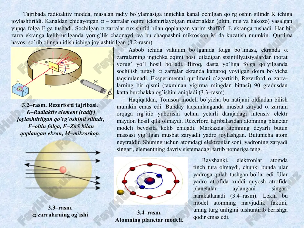 ga bo`lsa elektron yadroga eng yaqin birinchi orbita bo`ylab harakat qiladi; atomning bu holatini qo`zg`almagan, normal yoki asosiy holat deyiladi. bu holda elektron yadro bilan eng mustahkam bog`langan bo`ladi. qo`shimcha energiya qabul qilgan atom qo`zg`algan holatga o`tadi. lekin atomning qo`zg`algan holati nixoyatda qisqa muddatlidir (sekundning yuz milliondan bir ulushi vaqtda). elektron uzoq orbitadan yaqin orbitaga o`tganda atom elektromagnit nur chiqarib o`z energiyasini kamaytiradi. n.bor nazariyasining ikkinchi postulatiga ko`ra, elektron bir orbitadan ikkinchi orbitaga o`tgandagina atom o`z energiyasini o`zgartiradi: elektron kvantlangan orbitalar bo`ylab aylanganda, atom energiya chiqarmaydi va energiya yutmaydi. elektron yadrodan uzoqda turgan orbitadan yadroga yaqin orbitaga o`tganda atom yorug`likning bir kvantiga teng energiya chiqaradi. bu kvantning kattaligi dastlabki va oxirgi holatlarning energiyalari orasidagi ayirmaga tengdir: e = e1 – e2 = h formulada: e1 va e2 – dastlabki va oxirgi holatlar energiyalari; h – plank doimiysi, 6,624·10–34 joul/sek;  – nurning 1 sekunddagi tebranishlar soni (chastotasi):  = s/ …